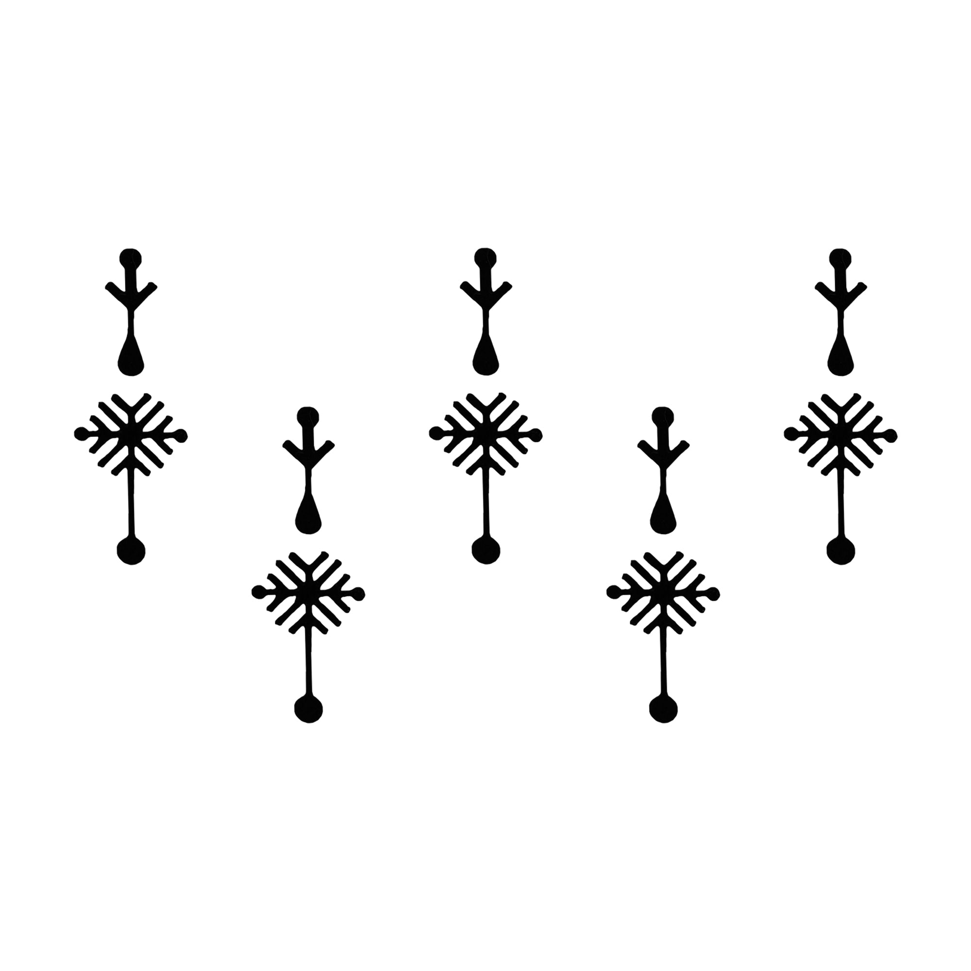Comet Busters Snowflake Abstract Black Bindi featuring a minimalist vertical design with a stylized arrow accent above an intricate snowflake-inspired geometric motif in a matte black finish. Premium self-adhesive designer bindis for women and girls, perfect for festivals, weddings, temple visits, cultural events, classical dance performances, parties, and traditional or Indo-western ethnic wear.