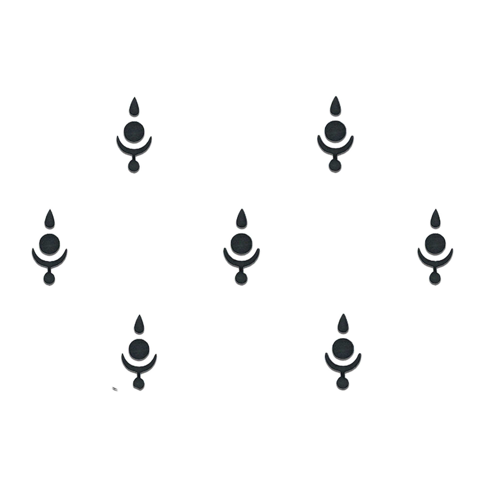 Comet Busters Abstract Crescent Designer Black Bindi featuring a modern fusion design with a teardrop accent, central round dot, crescent curve, and hanging bead detail. Reusable designer black bindi for women and girls, ideal for festive occasions, cultural events, ethnic wear, spiritual styling, dance performances, and contemporary Indo-western fashion looks.