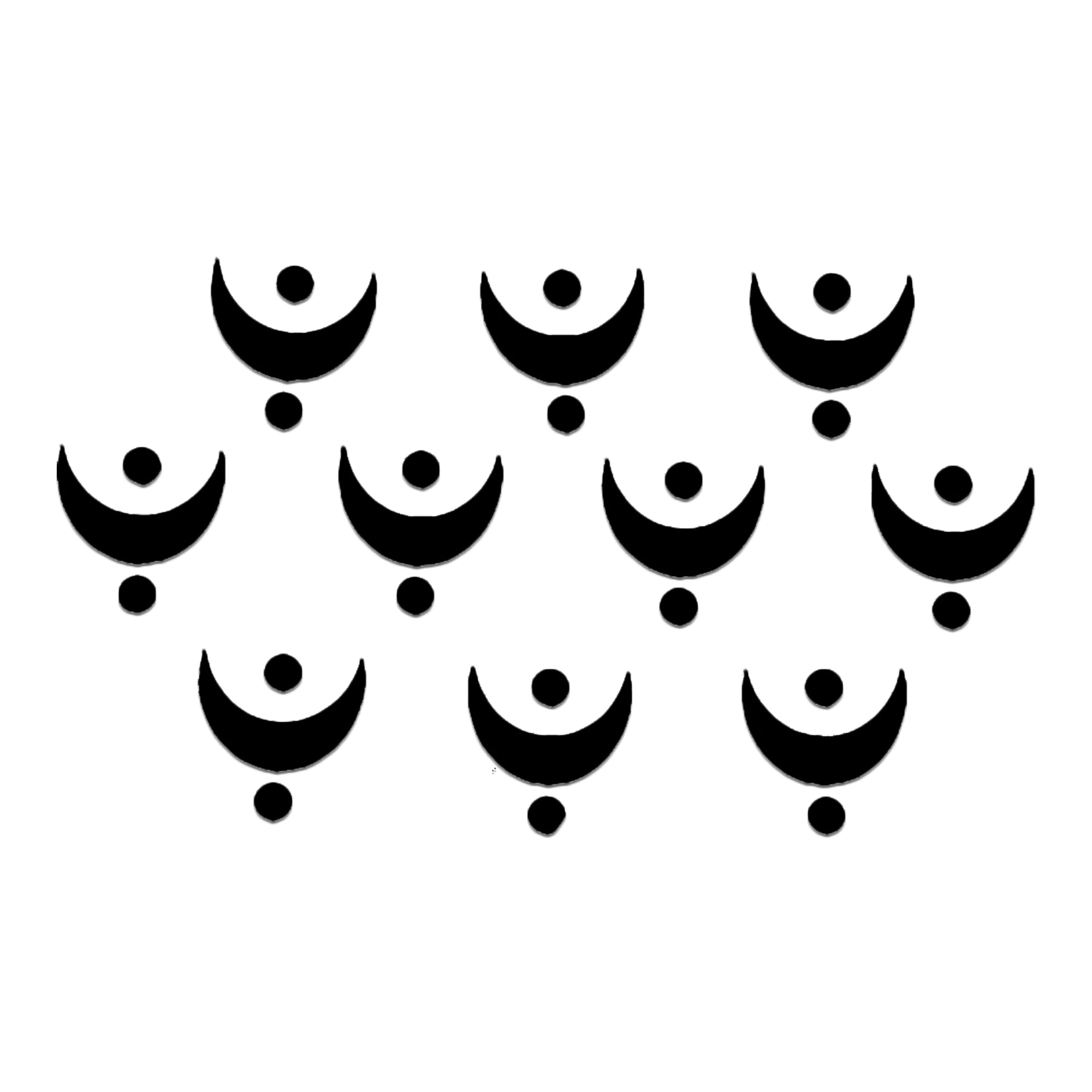 Comet Busters abstract crescent moon designer bindi sheet featuring 10 minimalist black crescent bindis with top and bottom dot accents. Elegant self-adhesive bindis for women and girls, ideal for festive occasions, traditional attire, casual wear, office wear, and modern Indo-western styling.