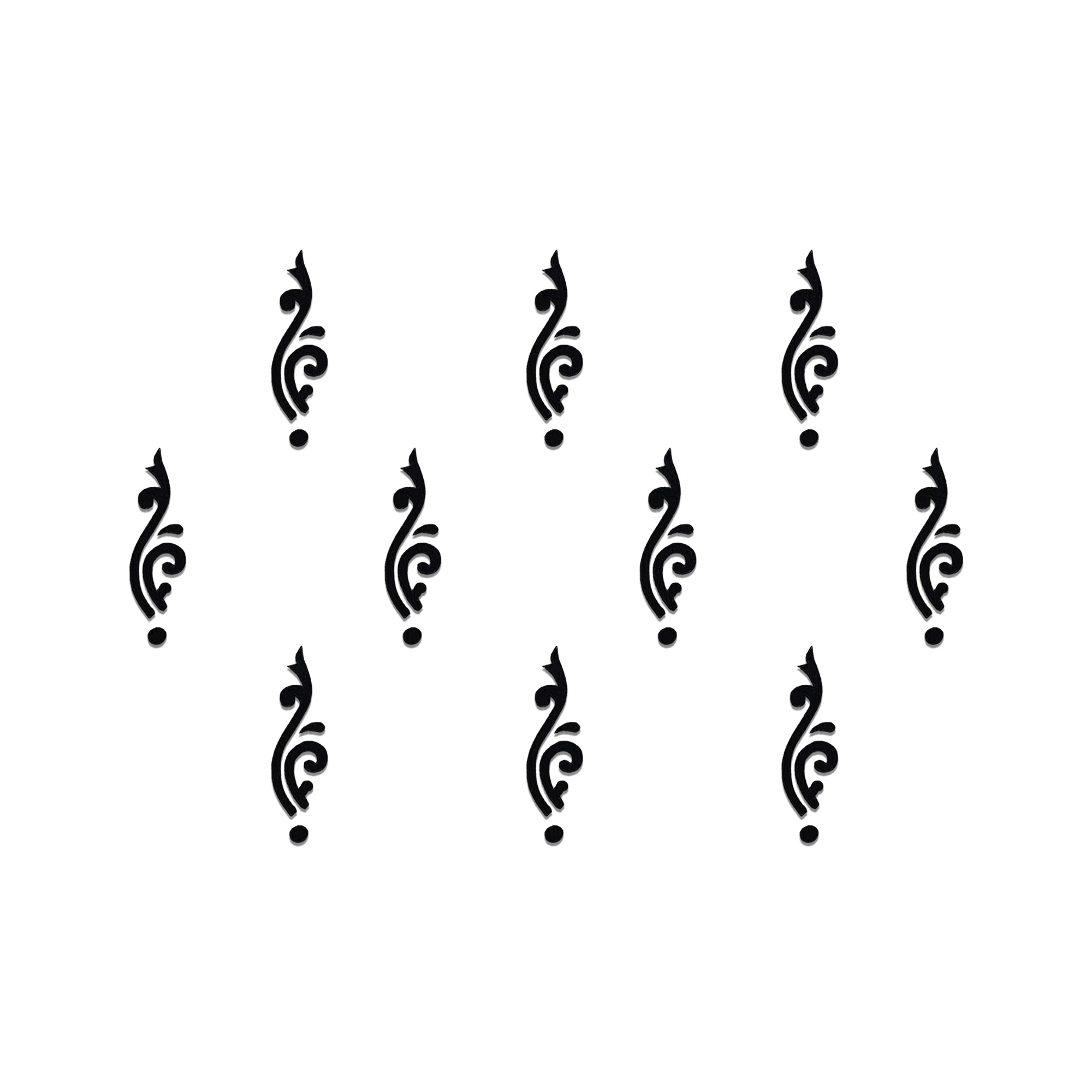 Comet Busters Abstract Curved Spiral Designer Bindi featuring a sleek black curved swirl motif with elegant spiral detailing and a classic dot accent. Self-adhesive designer forehead bindis for women and girls, perfect for weddings, festivals, parties, dance performances, cultural events, office wear, and contemporary ethnic fashion.