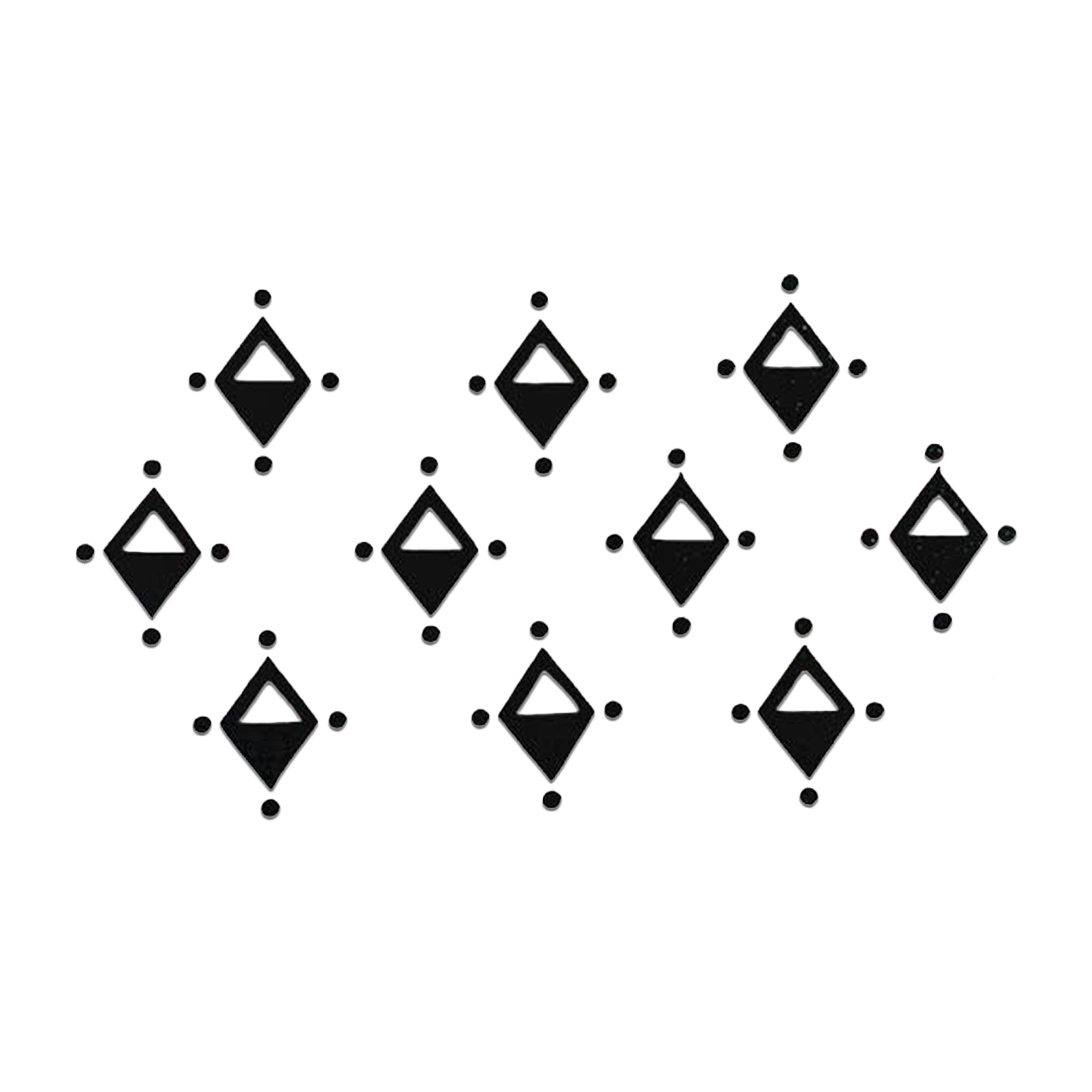 Comet Busters abstract diamond designer bindi sheet featuring 10 minimalist geometric bindis with hollow diamond motifs and surrounding dot accents. Elegant black self-adhesive bindis for women and girls, ideal for festive wear, ethnic outfits, casual styling, office wear, and contemporary Indo-western fashion.