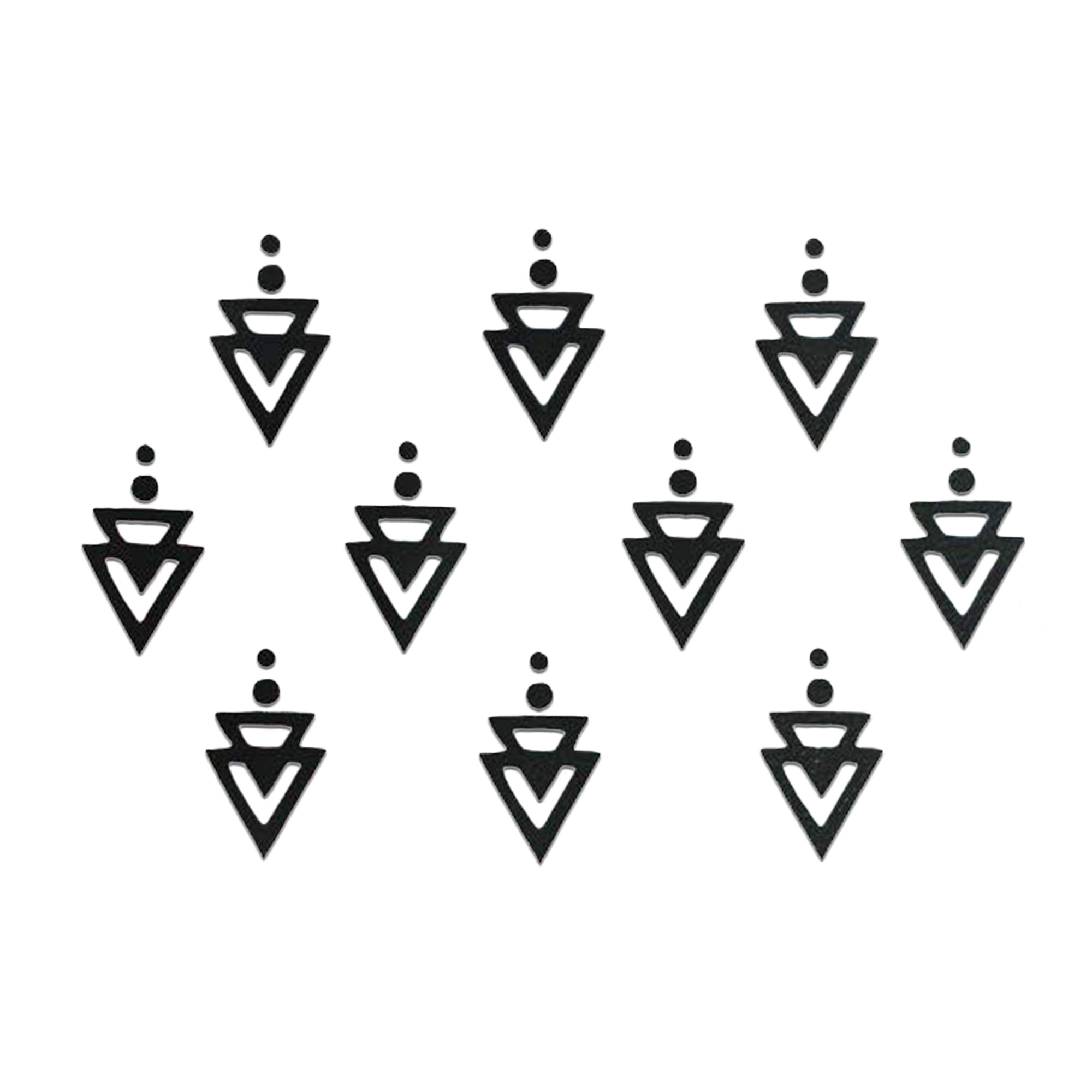 Comet Busters abstract double triangle designer bindi sheet featuring 10 minimalist geometric bindis with layered inverted triangle motifs and double dot accents. Ideal for contemporary ethnic wear, festive occasions, office wear, casual styling, Indo-western outfits, and modern traditional fashion.