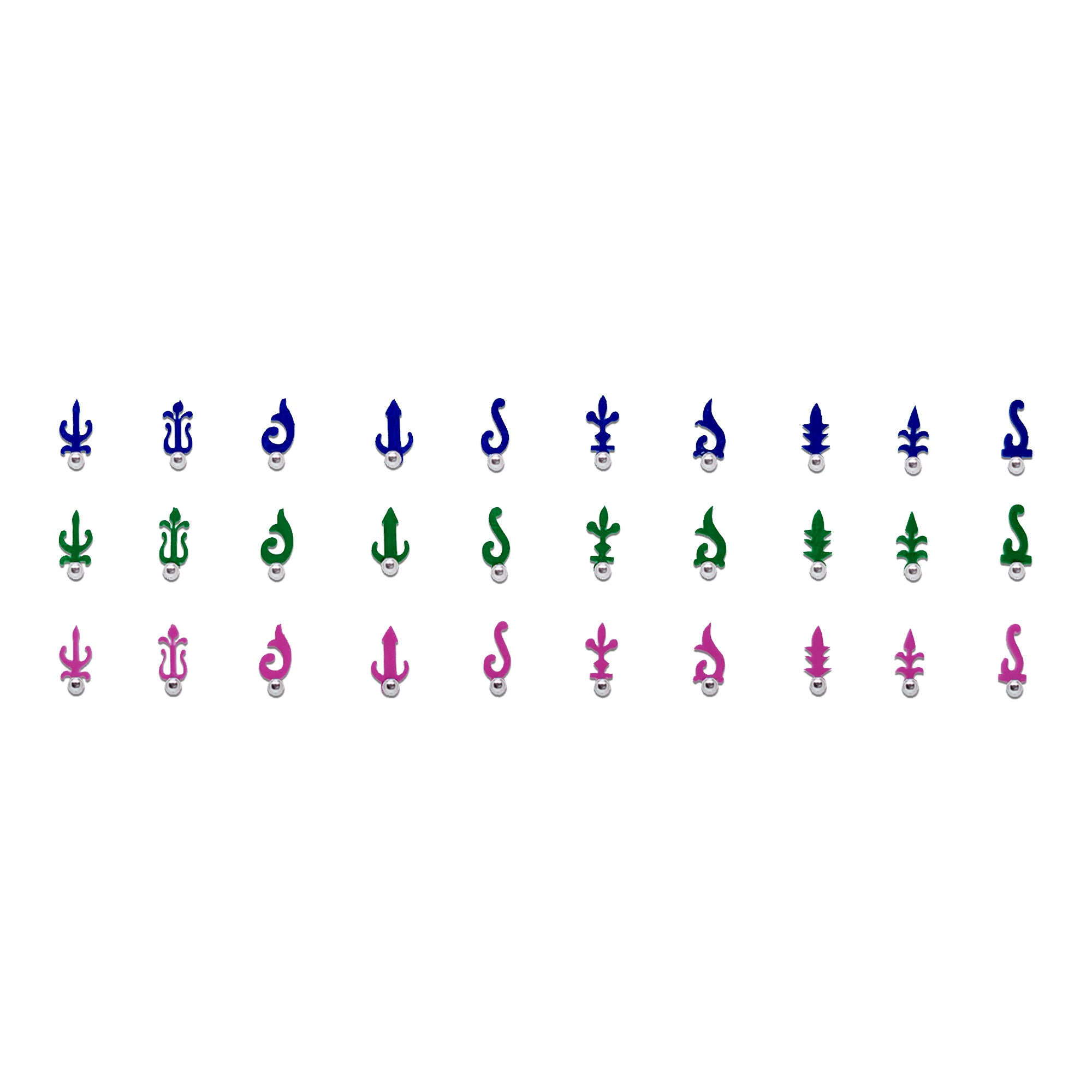 Comet Busters abstract designer bindis with multicolor sacred-inspired motifs in pink, green, and Blue shades