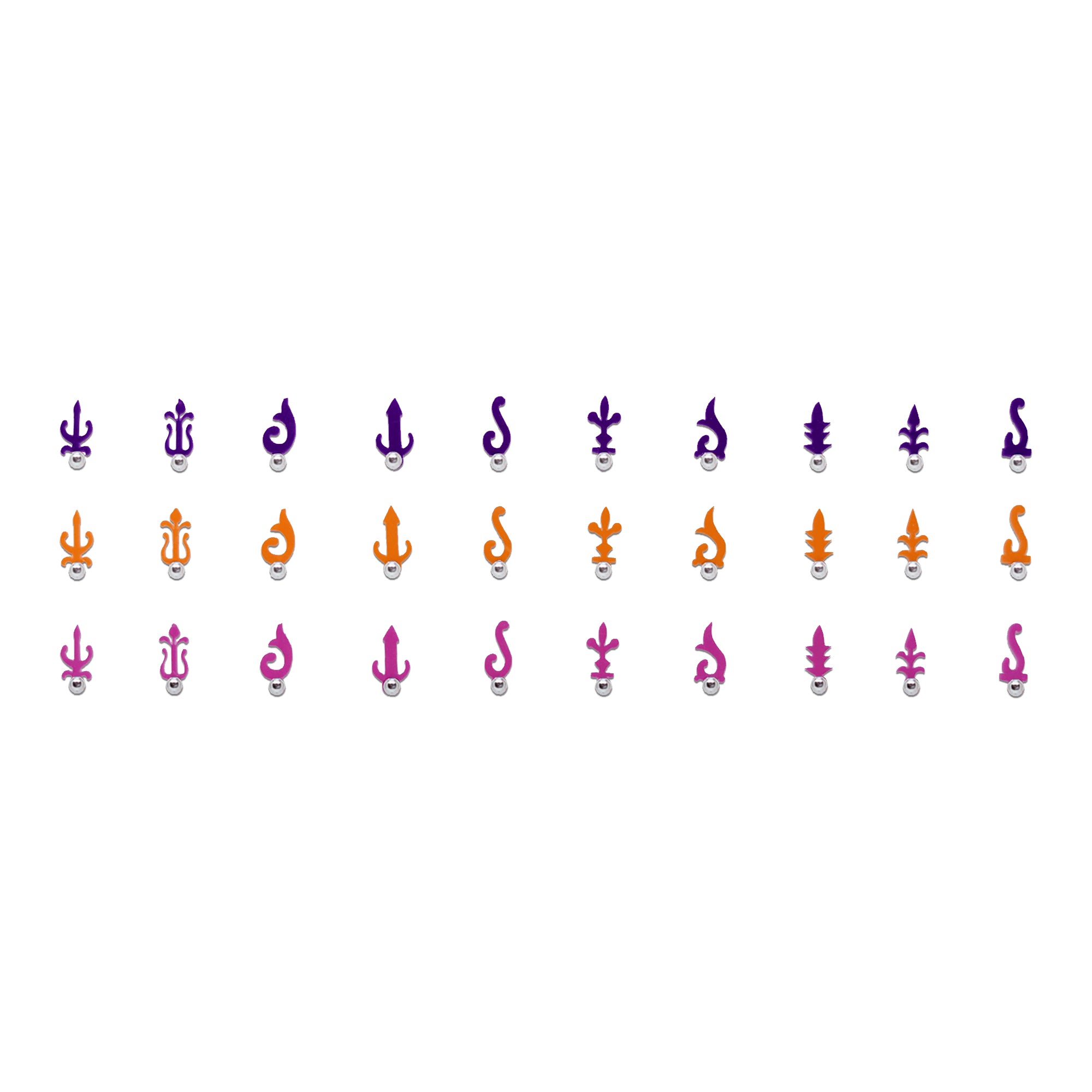 "Comet Busters abstract designer bindis with multicolor sacred-inspired motifs in pink, Orange, and Purple shades