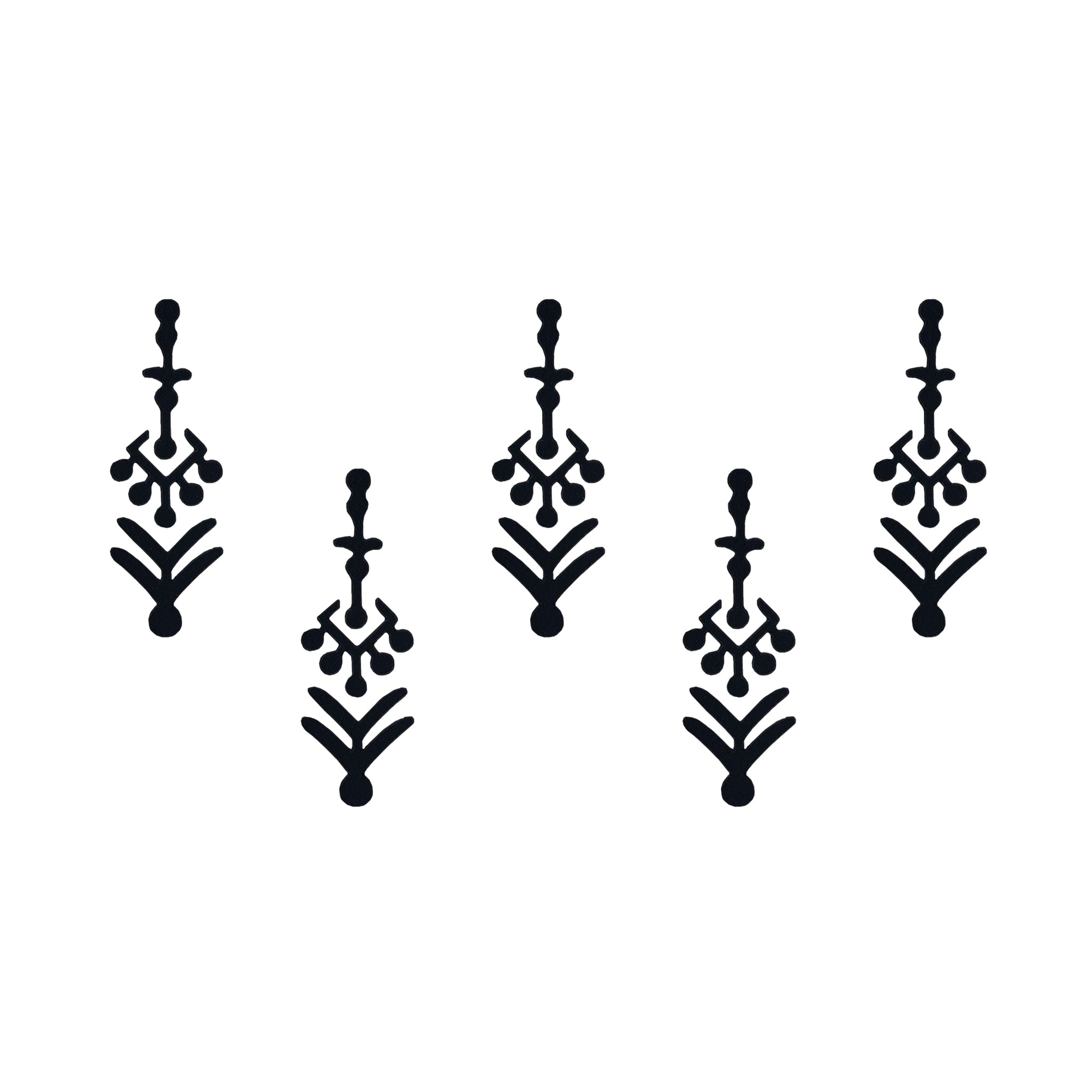 Comet Busters Tribal Leaf Abstract Black Bindi featuring a vertical tribal-inspired design with a decorative stem, geometric floral motif, bold leaf accents, and a matte black finish. Premium self-adhesive designer bindis for women and girls, ideal for festivals, weddings, Navratri, temple visits, cultural events, classical dance performances, parties, and traditional or Indo-western ethnic wear.