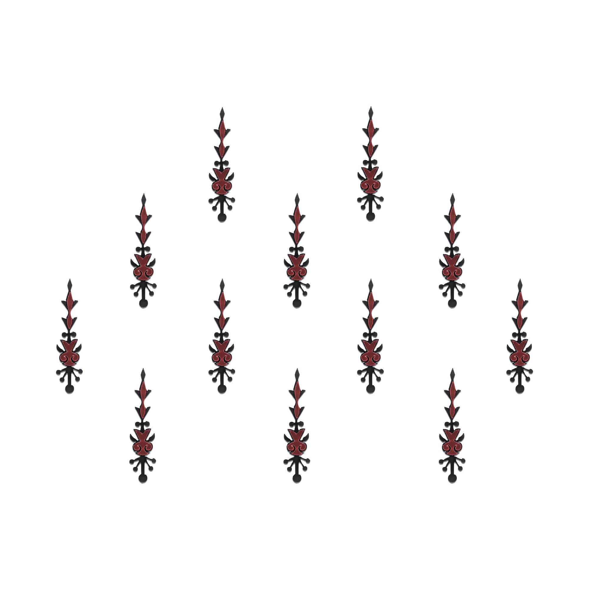Comet Busters gothic tribal designer bindis featuring elongated black and maroon artistic motifs with abstract ethnic detailing arranged on a light background for a bold fusion-inspired traditional look.