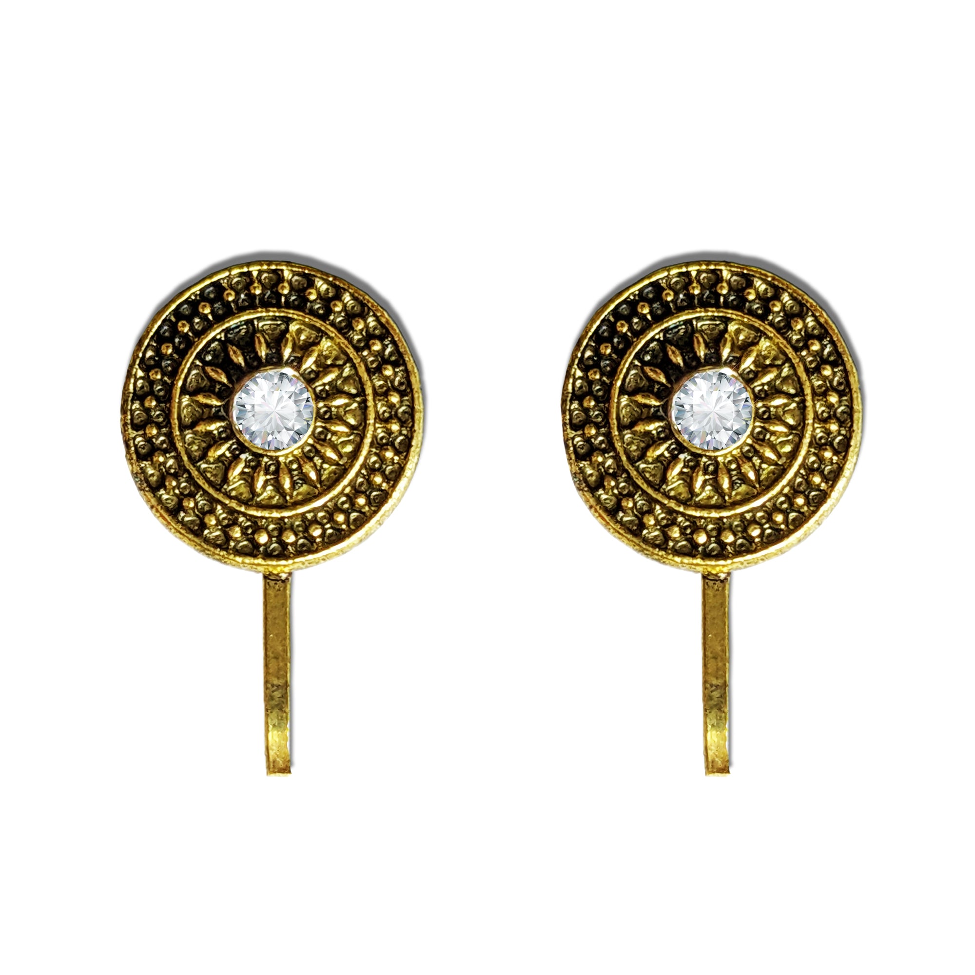 Comet Busters antique gold round nose stud with an intricate traditional circular design and a sparkling clear crystal centerpiece, featuring a long stick for easy application.
