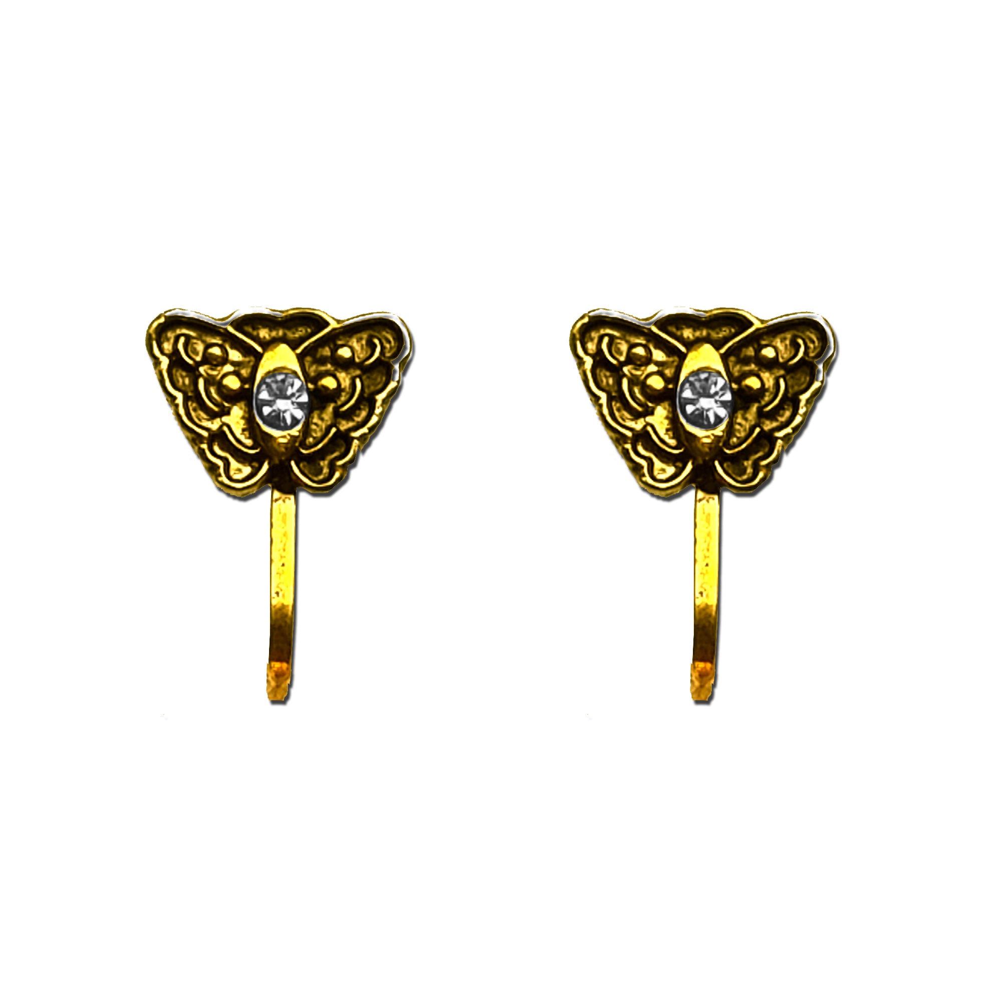 Comet Busters antique gold round nose stud with an intricate traditional circular design and a sparkling clear crystal centerpiece, featuring a long stick for easy application.