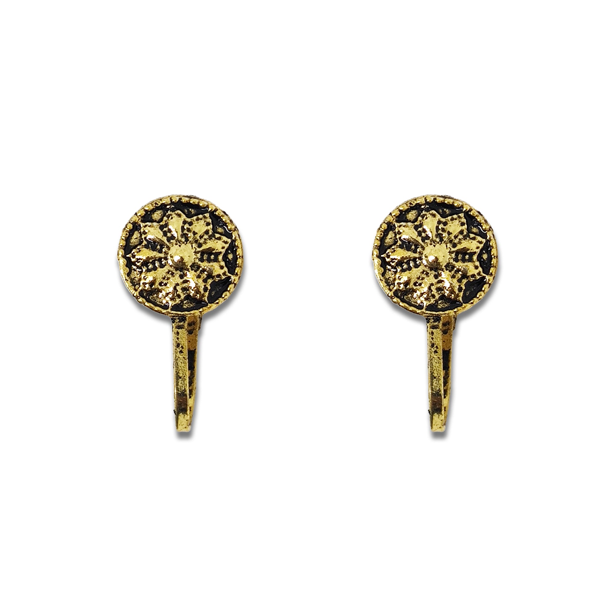Comet Busters antique gold-tone round nose stud with an intricate floral embossed design and black antique detailing.
