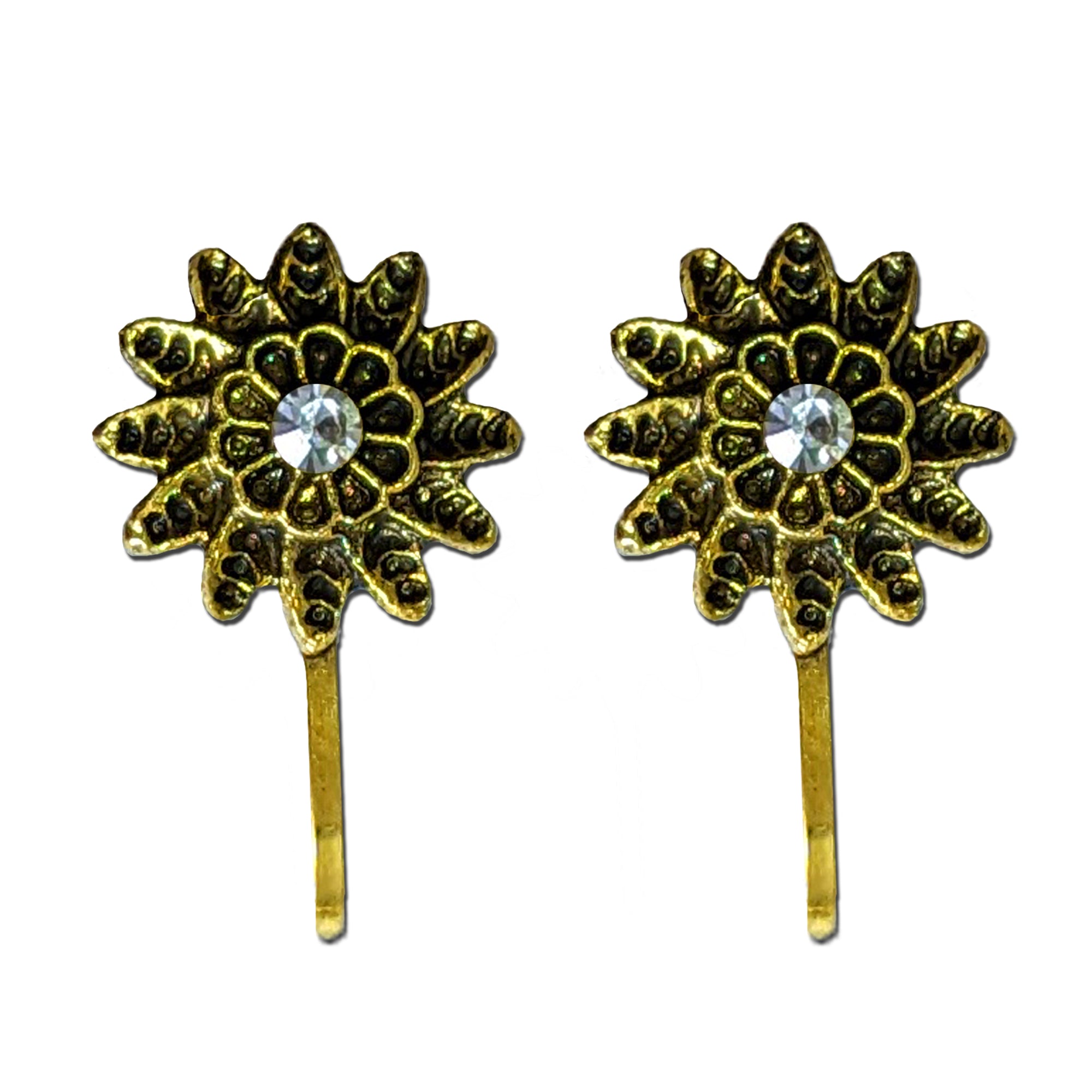 Comet Busters antique gold-tone sunflower-inspired nose stud featuring layered floral petals, intricate traditional detailing, and a sparkling clear crystal center with a long stick design.