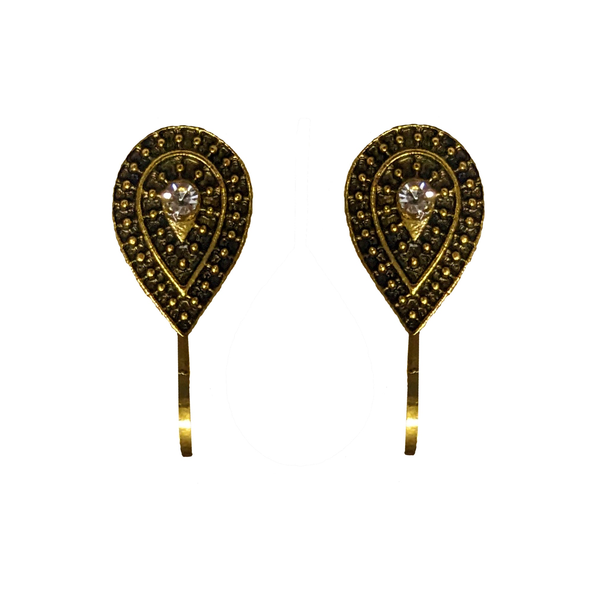 Comet Busters antique gold teardrop-shaped nose stud featuring intricate dotted detailing, a traditional paisley-inspired design, and a sparkling clear crystal centerpiece with a long stick.