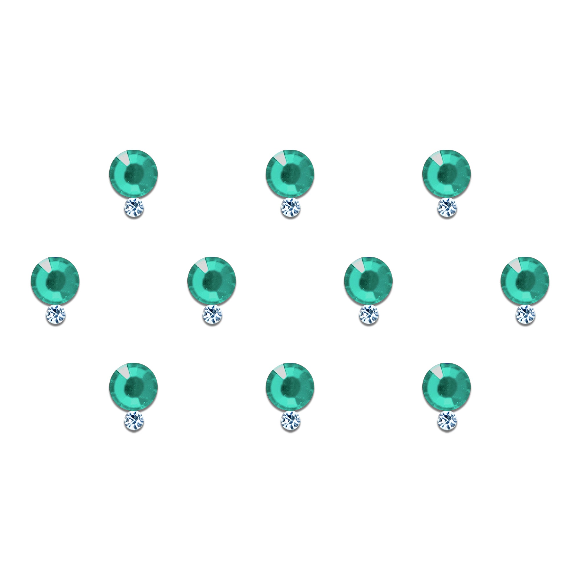 Comet Busters emerald green round stone bindi with a sparkling crystal drop, 5 mm self-adhesive designer forehead bindi for women and girls, perfect for weddings, festive celebrations, ethnic wear, parties, traditional outfits, and special occasions.