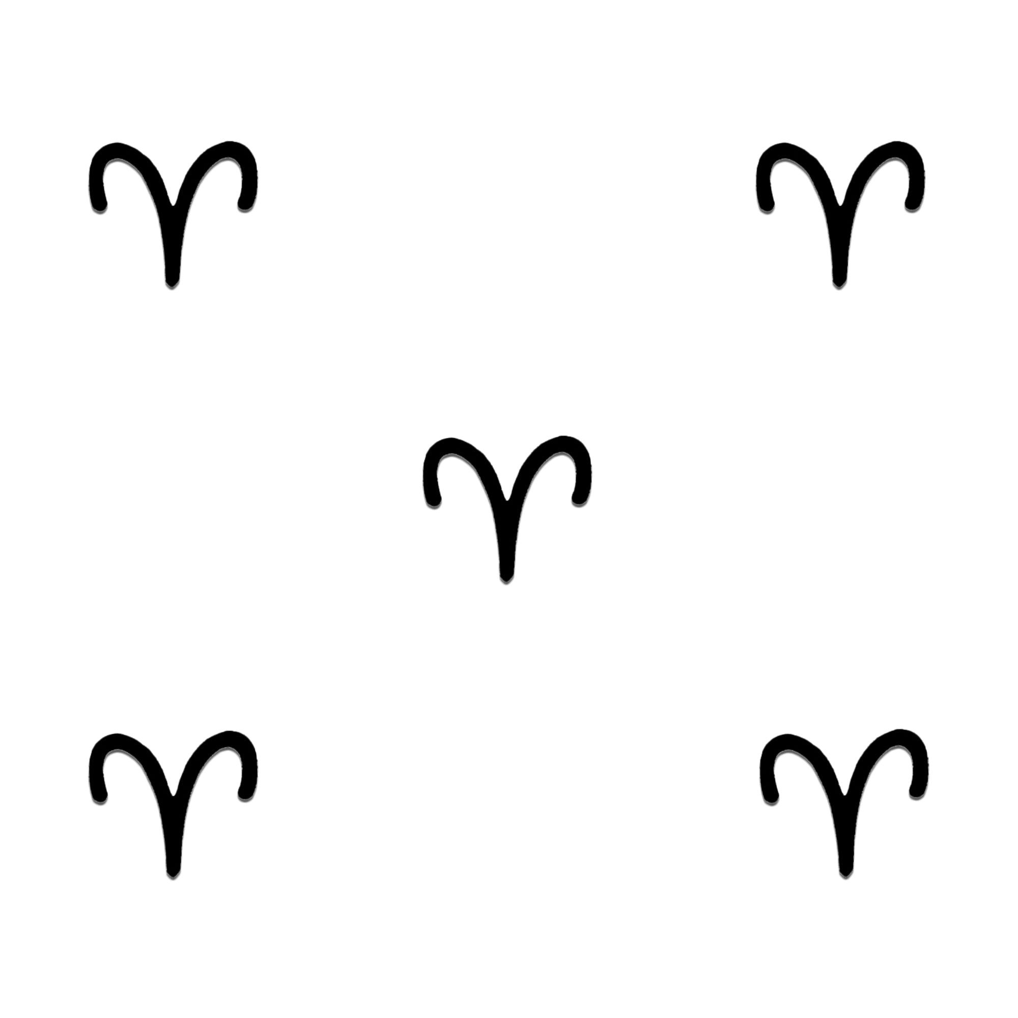 "Five black Aries zodiac symbols arranged in a pattern on a with one symbol in the center and four positioned at the corners, creating a symmetrical decorative bindi design."