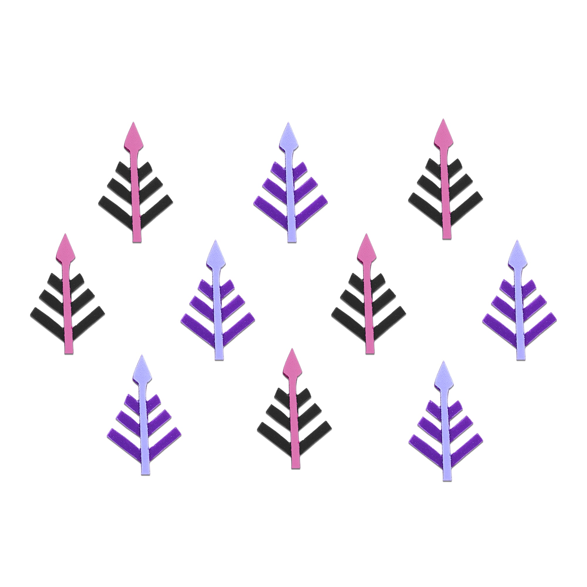 Comet Busters arrow feather designer bindi set featuring elegant pink-black and lavender-purple arrow-shaped bindis with feather detailing, reusable skin-friendly forehead stickers for women and girls.