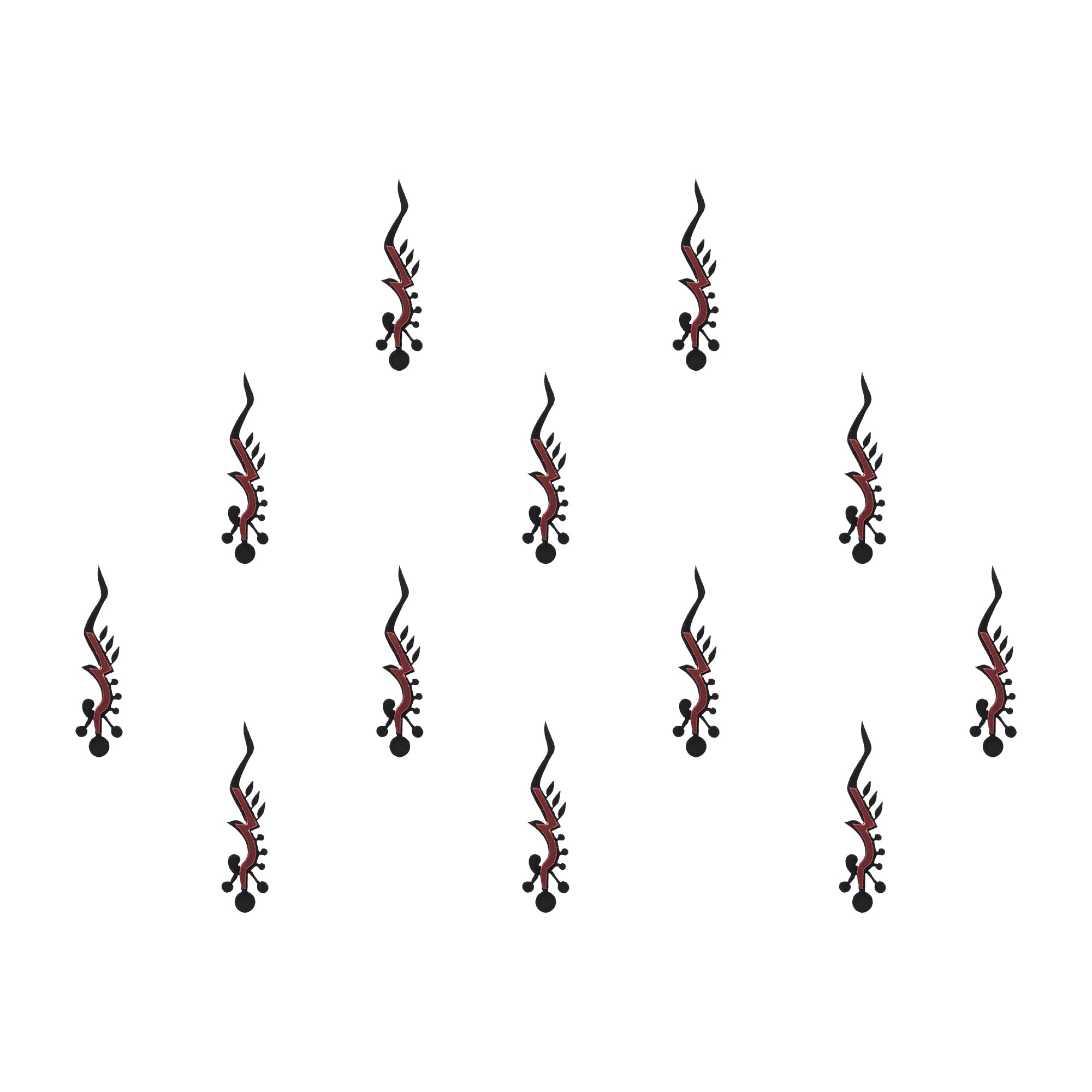 Comet Busters tribal flame designer bindis featuring sleek black and maroon abstract curved motifs with artistic ethnic detailing arranged on a light background for a bold fusion-inspired traditional look.