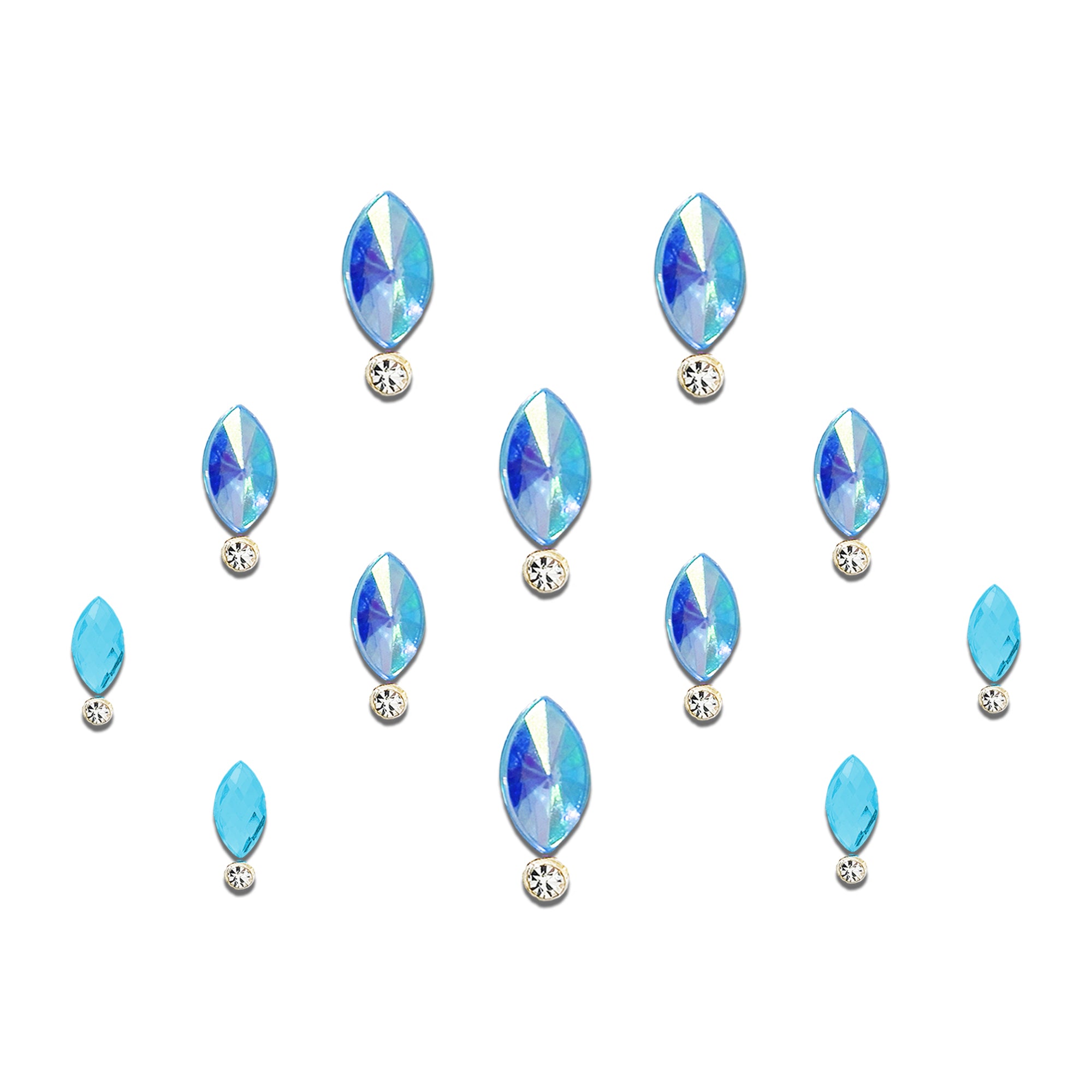 Comet Busters Aurora Blue Navette Crystal Bindi featuring an iridescent marquise-shaped blue stone with a small round crystal accent, self-adhesive designer bindi for women and girls, ideal for festive wear, weddings, parties, concerts, and ethnic styling.