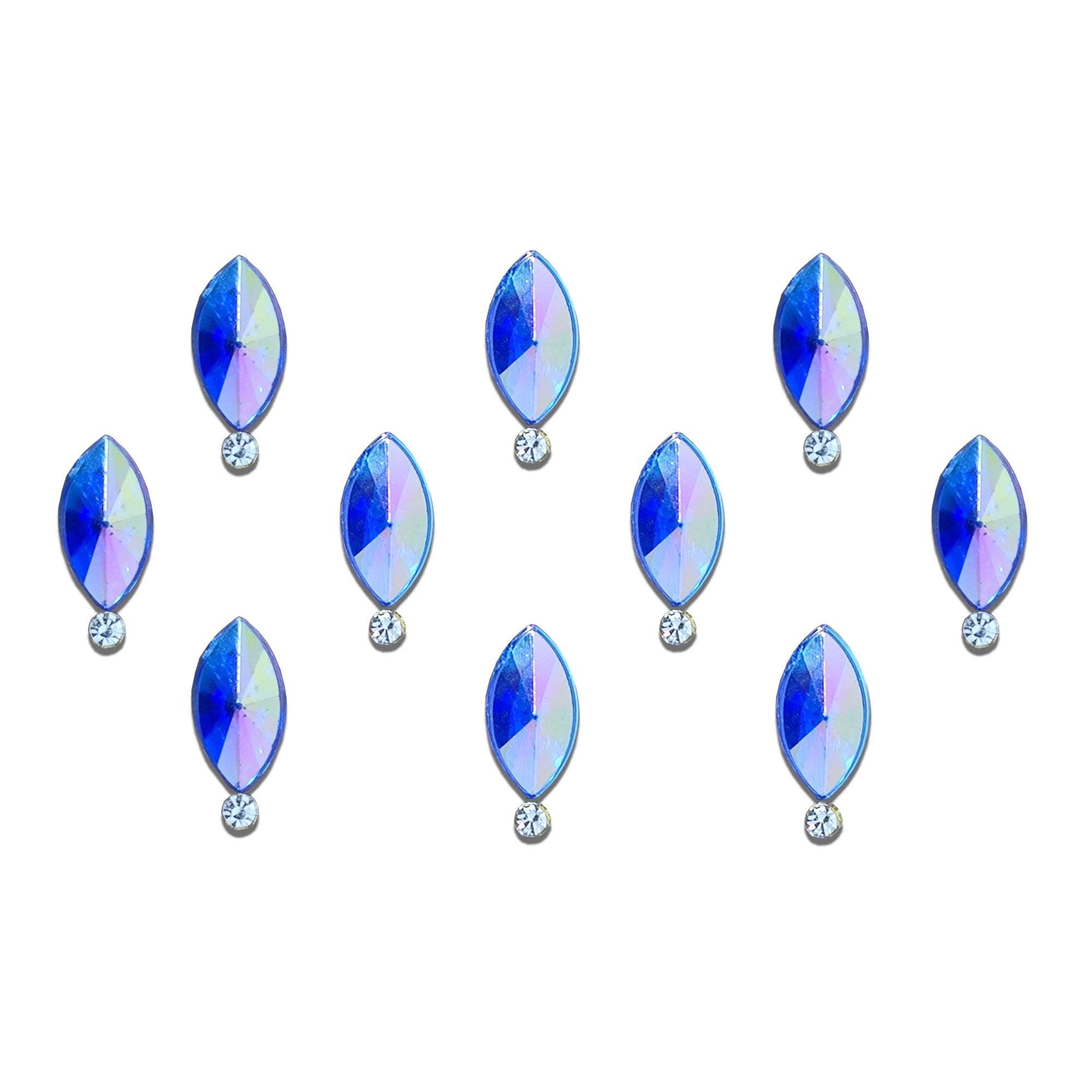 Comet Busters aurora blue navette crystal bindi sheet featuring 10 marquise-shaped iridescent stones with sparkling round crystal accents. Premium self-adhesive designer bindis for women and girls, perfect for weddings, festive celebrations, parties, dance performances, ethnic wear, and elegant Indo-western styling.