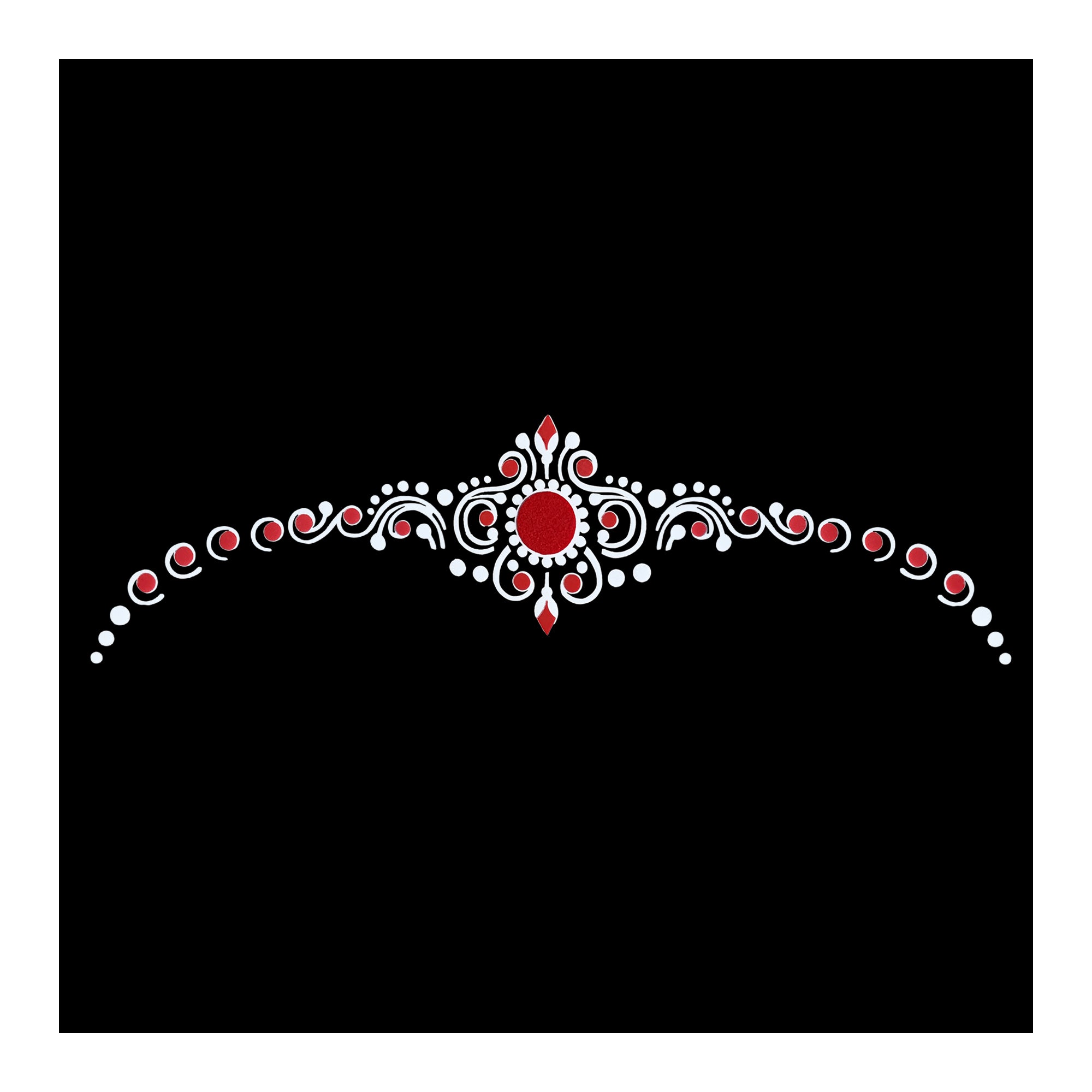 Comet Busters royal bridal forehead bindi chain featuring elegant white and red ornamental detailing with traditional swirl motifs and central round bindi design.
