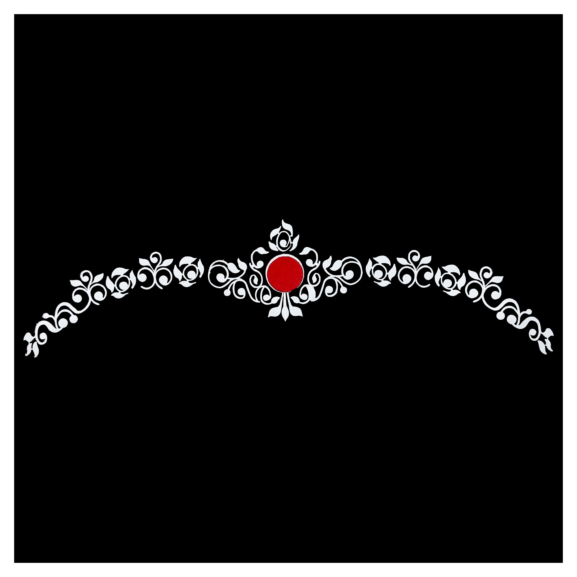 Comet Busters Bengali bridal chandan bindi featuring a red center with intricate white floral traditional Bengali wedding makeup.