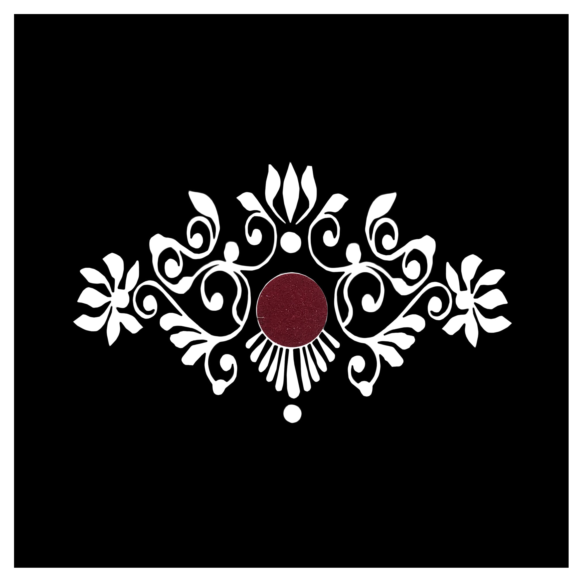 Comet Busters Bengali ornamental designer bindi featuring intricate white traditional motifs with a maroon center dot on a black background, inspired by classic Bengali festive and cultural patterns.