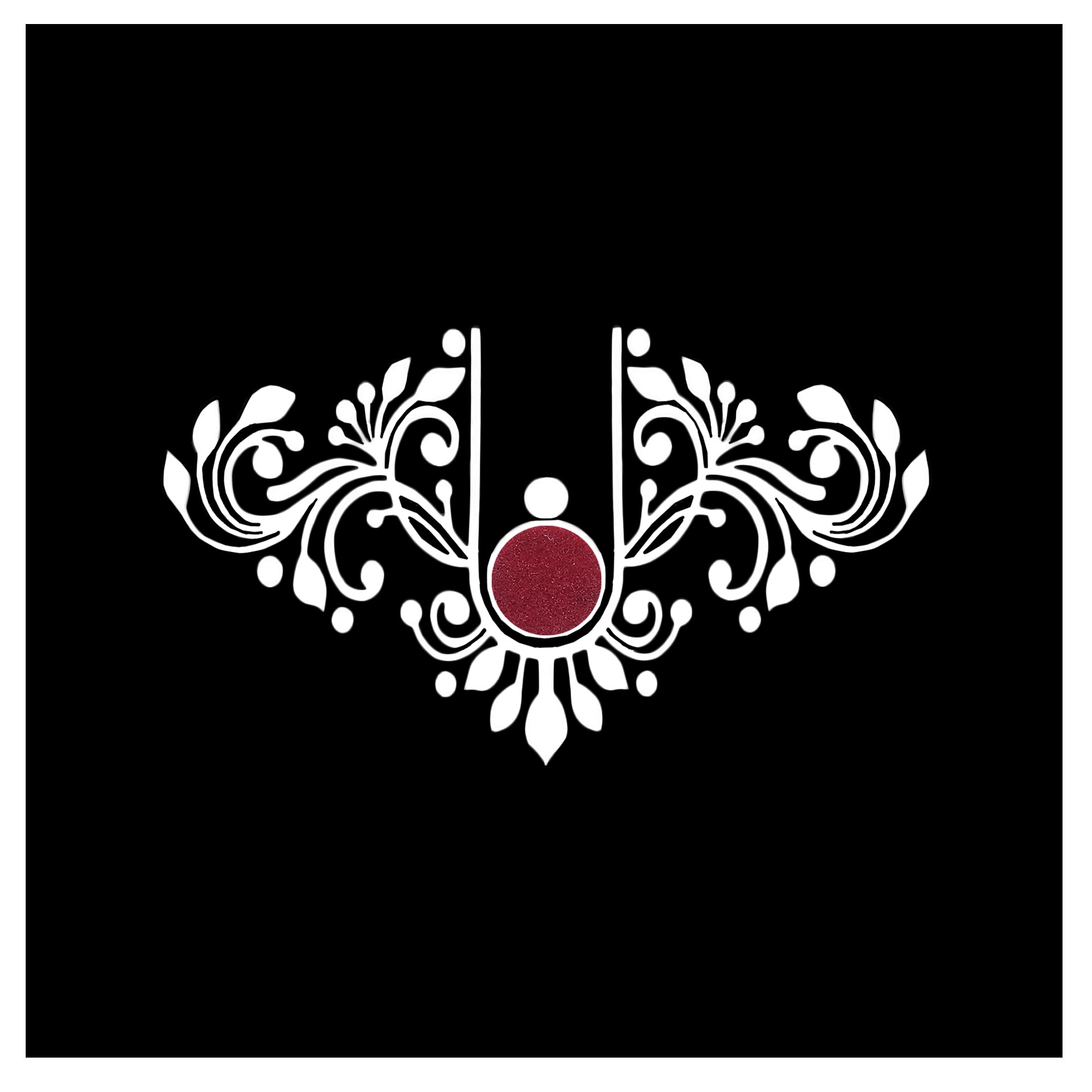 Comet Busters Bengali ornamental designer bindi featuring intricate white traditional motifs with a maroon center dot on a black background, inspired by classic Bengali festive and cultural patterns.