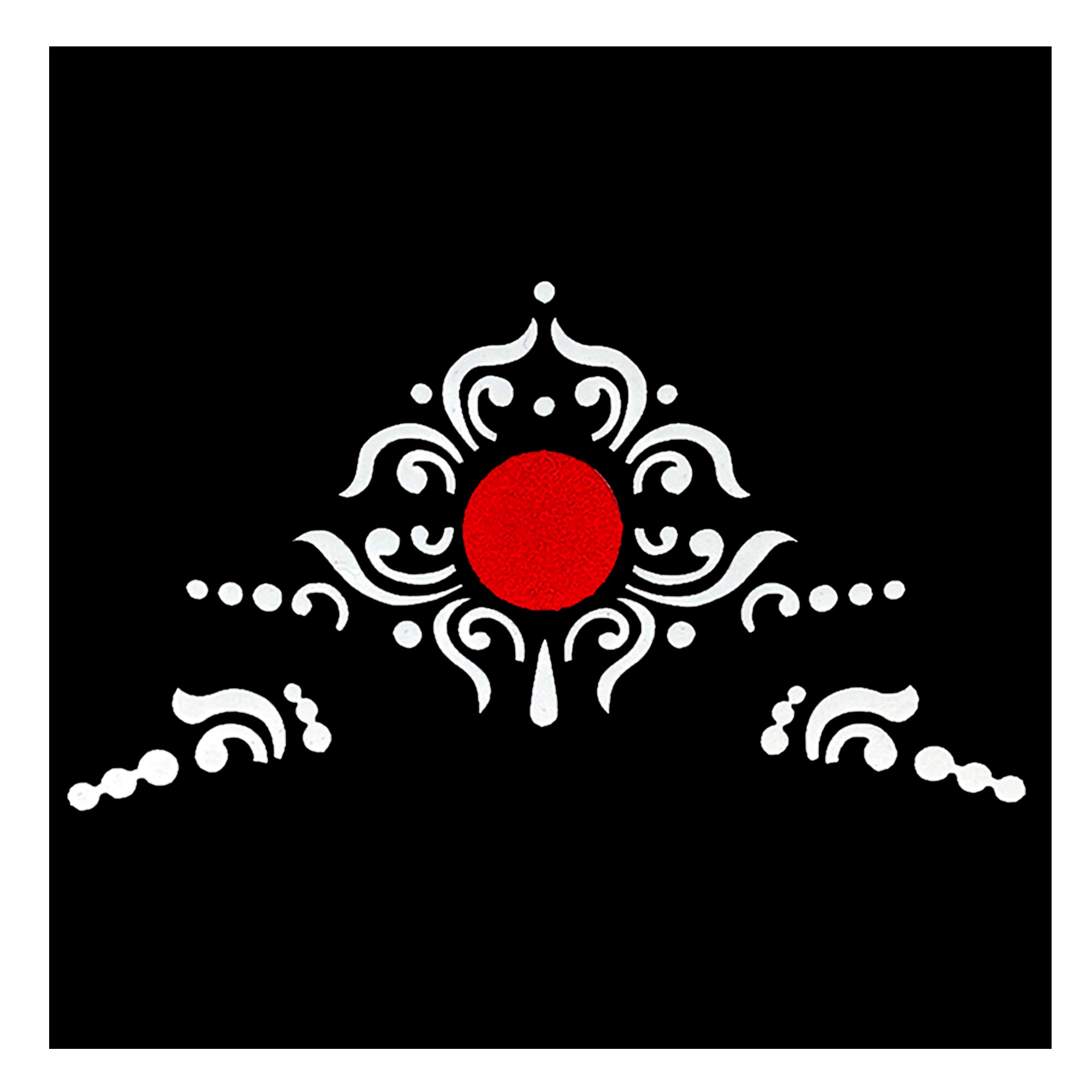 Comet Busters premium white mehndi designer bindi with ornamental swirl pattern and central red velvet dot for festive and traditional styling.