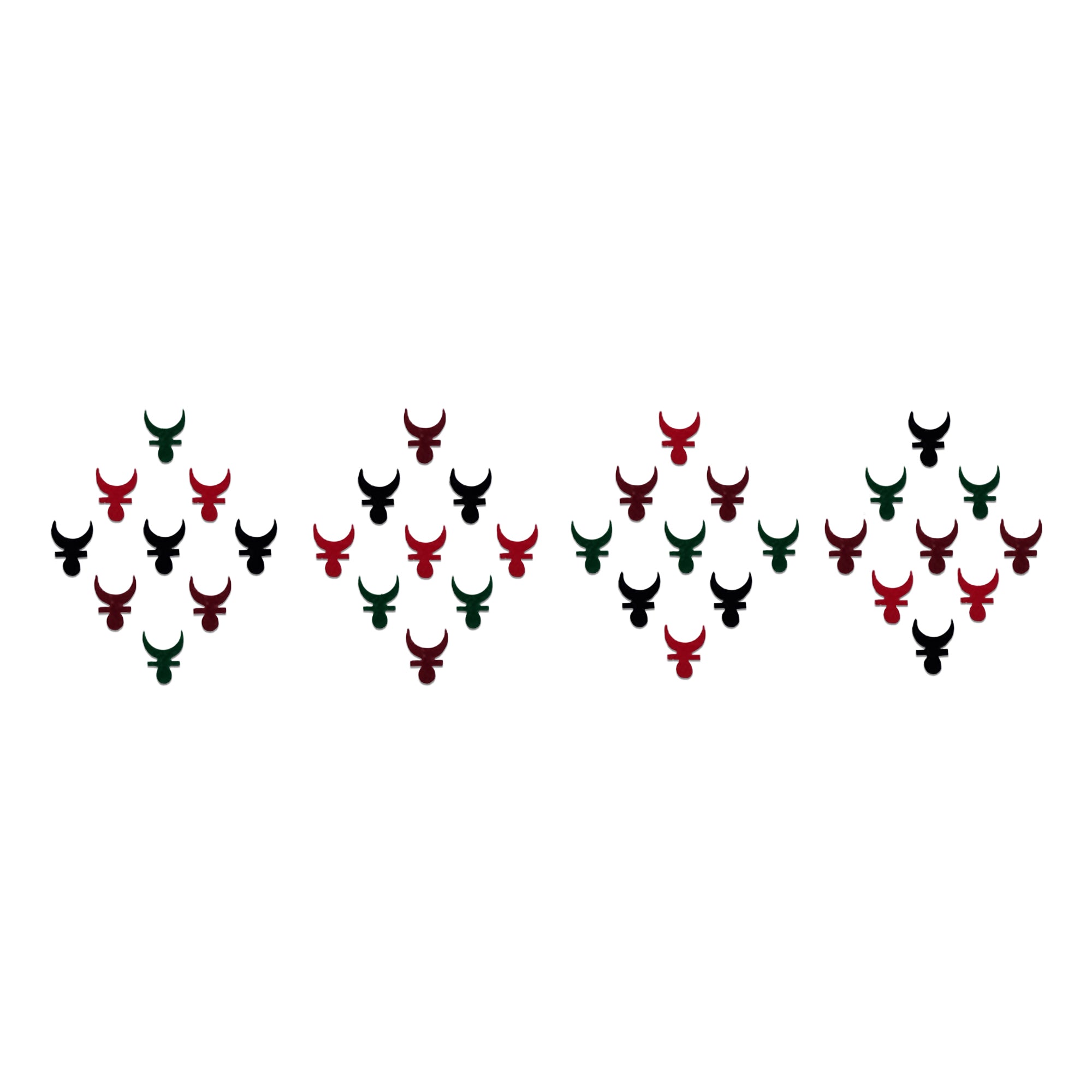 Comet Busters multicolor Bengali crescent moon bindis in red, green, black, and maroon shades arranged in traditional ethnic forehead styling for festive and cultural wear.
