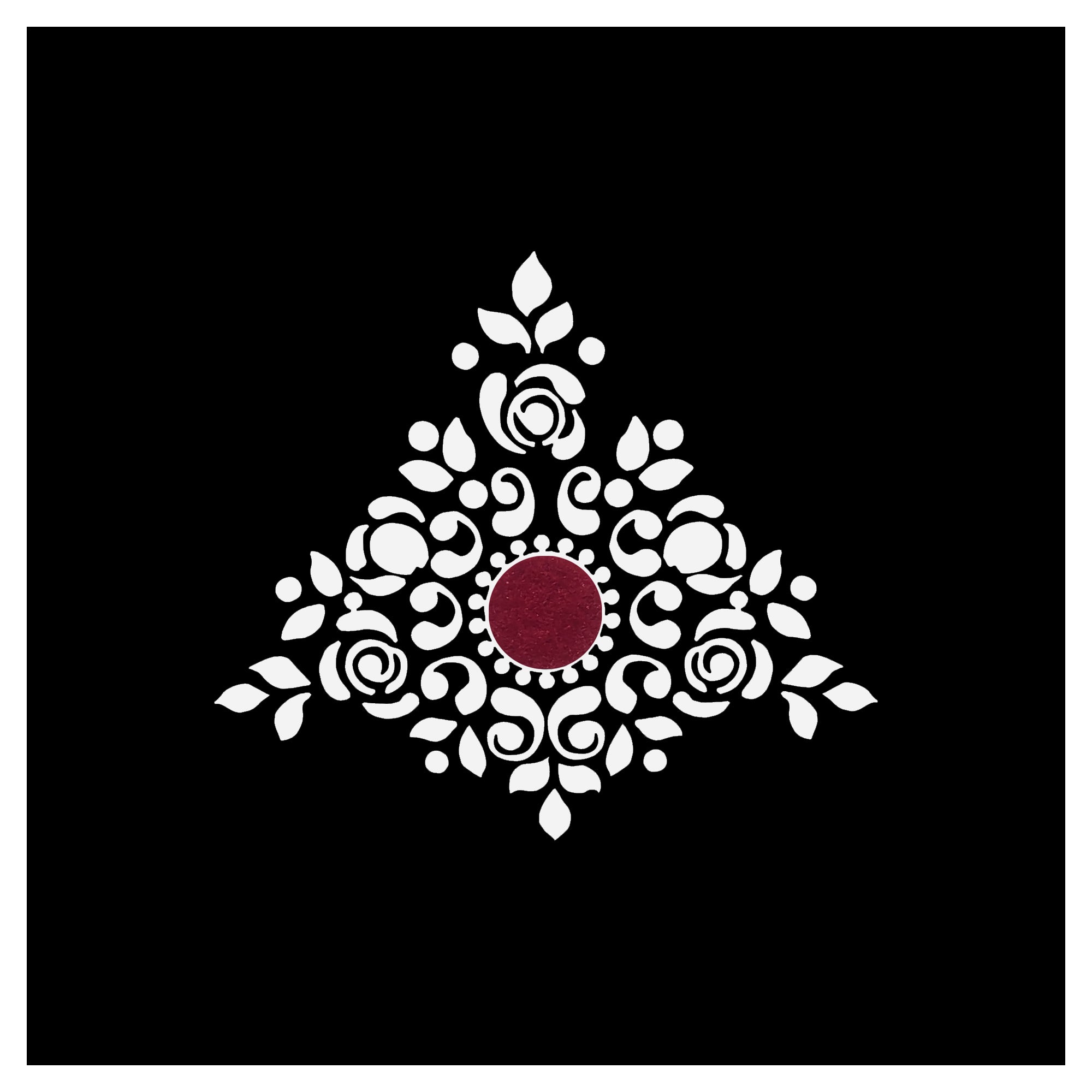 Comet Busters Bengali ornamental designer bindi featuring intricate white traditional motifs with a maroon center dot on a black background, inspired by classic Bengali festive and cultural patterns.