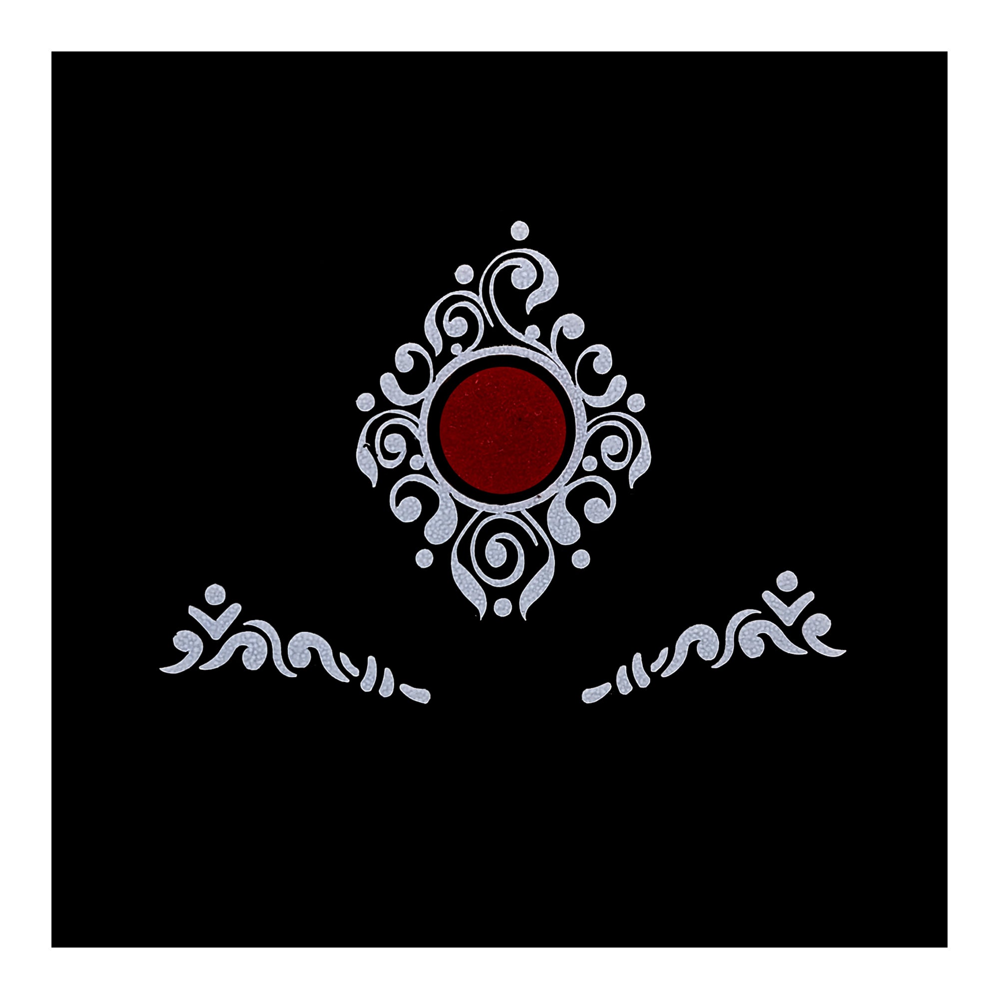 Comet Busters statement forehead bindi with intricate vine patterns and a vibrant red center.