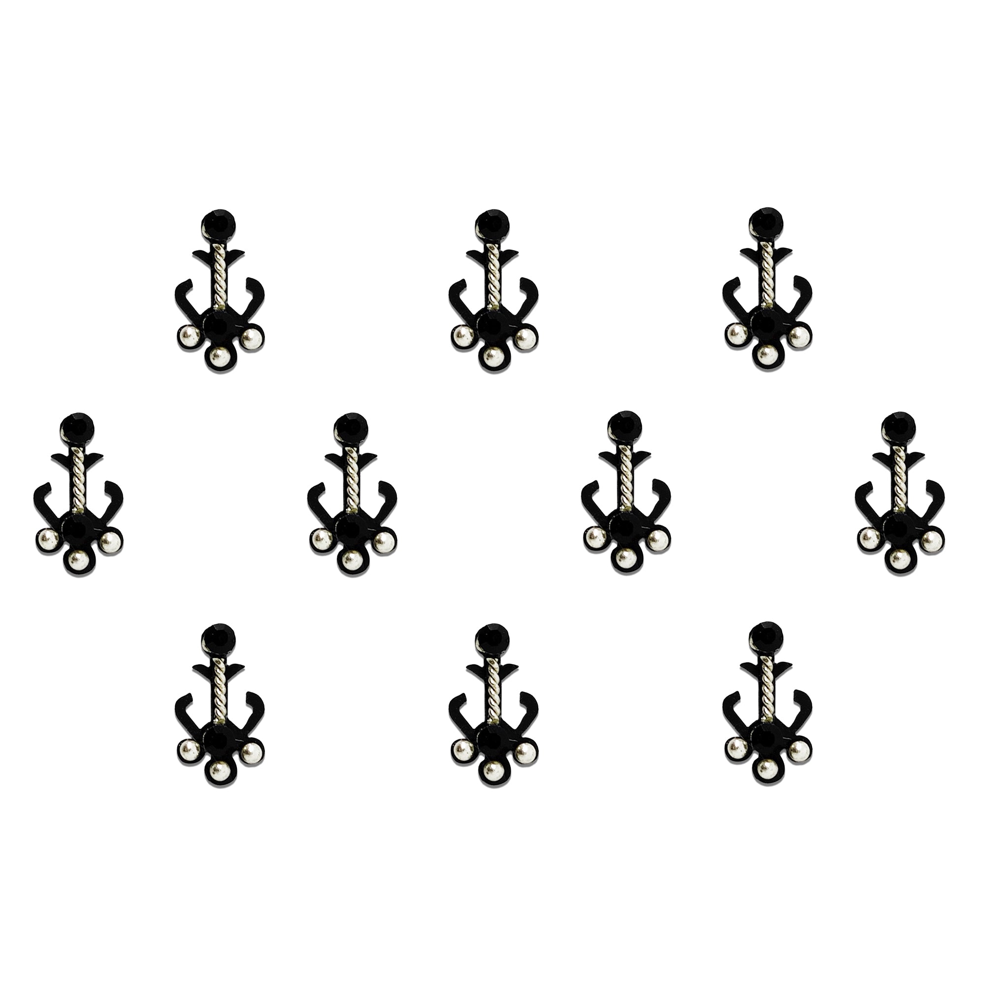 Comet Busters black abstract designer bindi sheet featuring elegant bindis with a black crystal center, silver rope detailing, pearl accents, and a modern traditional motif, reusable forehead bindis for women and girls, perfect for festive occasions, weddings, parties, and ethnic wear.