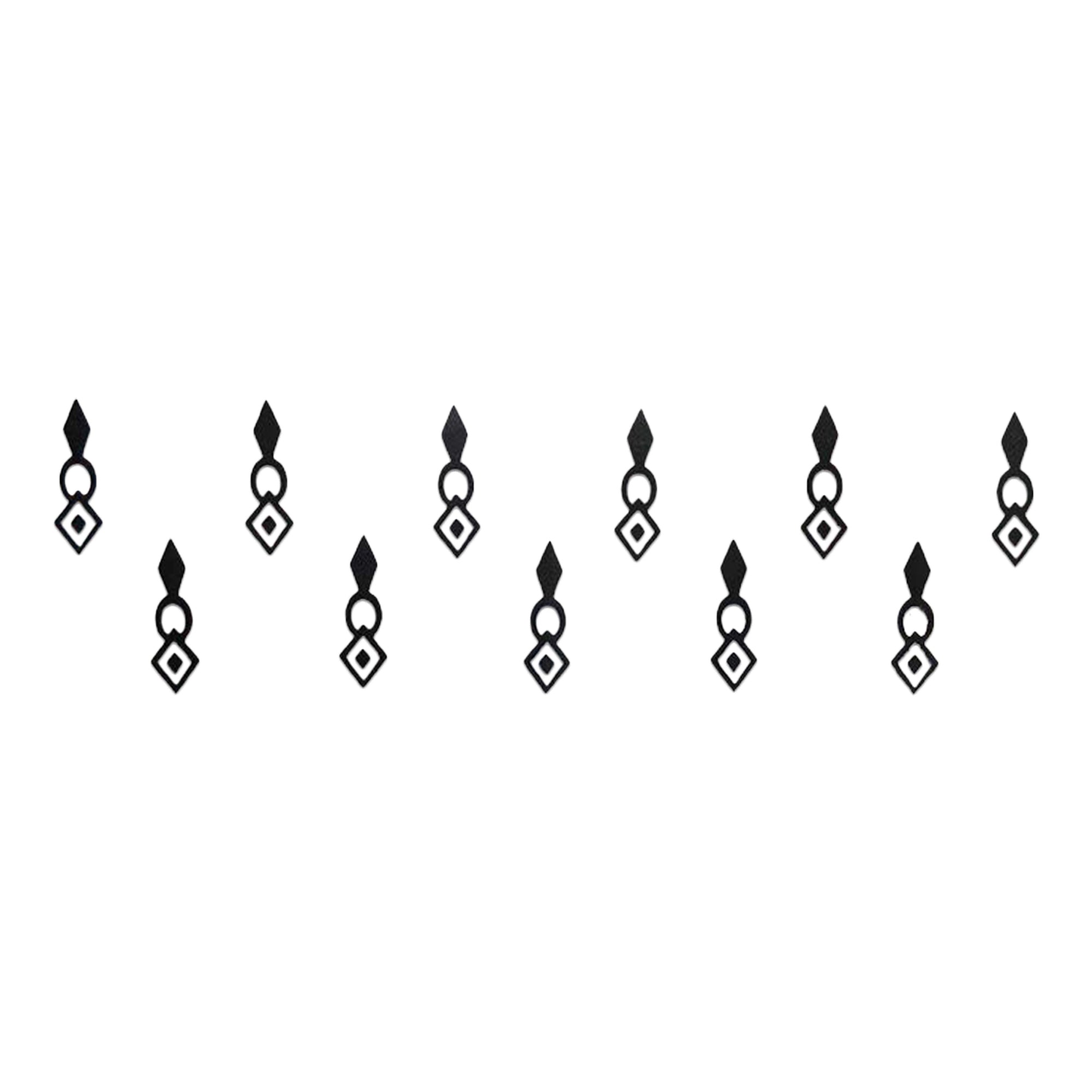 Comet Busters black abstract diamond loop designer bindi sheet featuring 12 minimalist vertical bindis with a pointed diamond top, circular loop center, and open diamond-shaped base with an inner diamond accent, perfect for festive occasions, traditional ceremonies, cultural events, and contemporary ethnic styling.