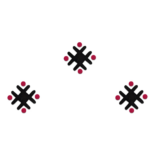 Comet Busters Abstract Fusion Snowflake Designer Bindis featuring a modern geometric snowflake-inspired motif accented with coordinating dots in pink, blue, and black color combinations. Reusable designer bindis for women and girls, perfect for festive occasions, cultural events, contemporary ethnic wear, fusion fashion, dance performances, and Indo-western styling.