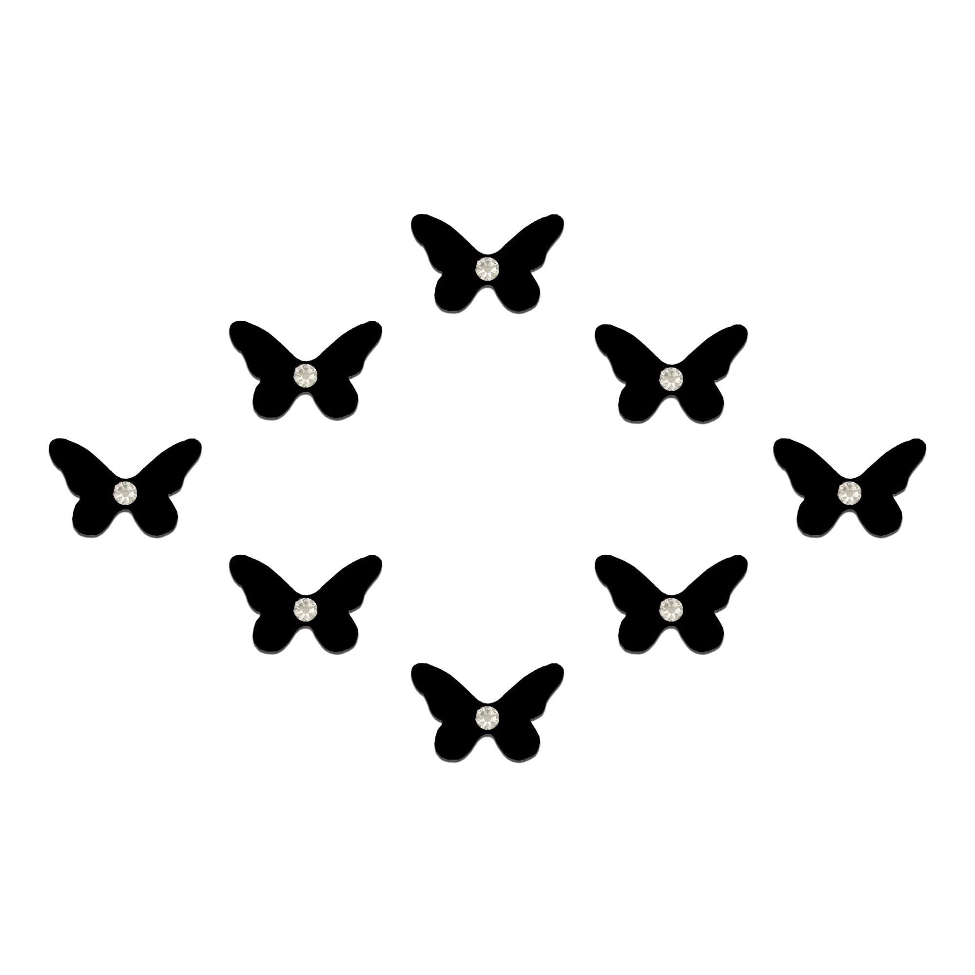Comet Busters black butterfly-shaped velvet bindis featuring sparkling crystal stone detailing, designed for trendy, festive, party, and ethnic fashion looks for women and girls.