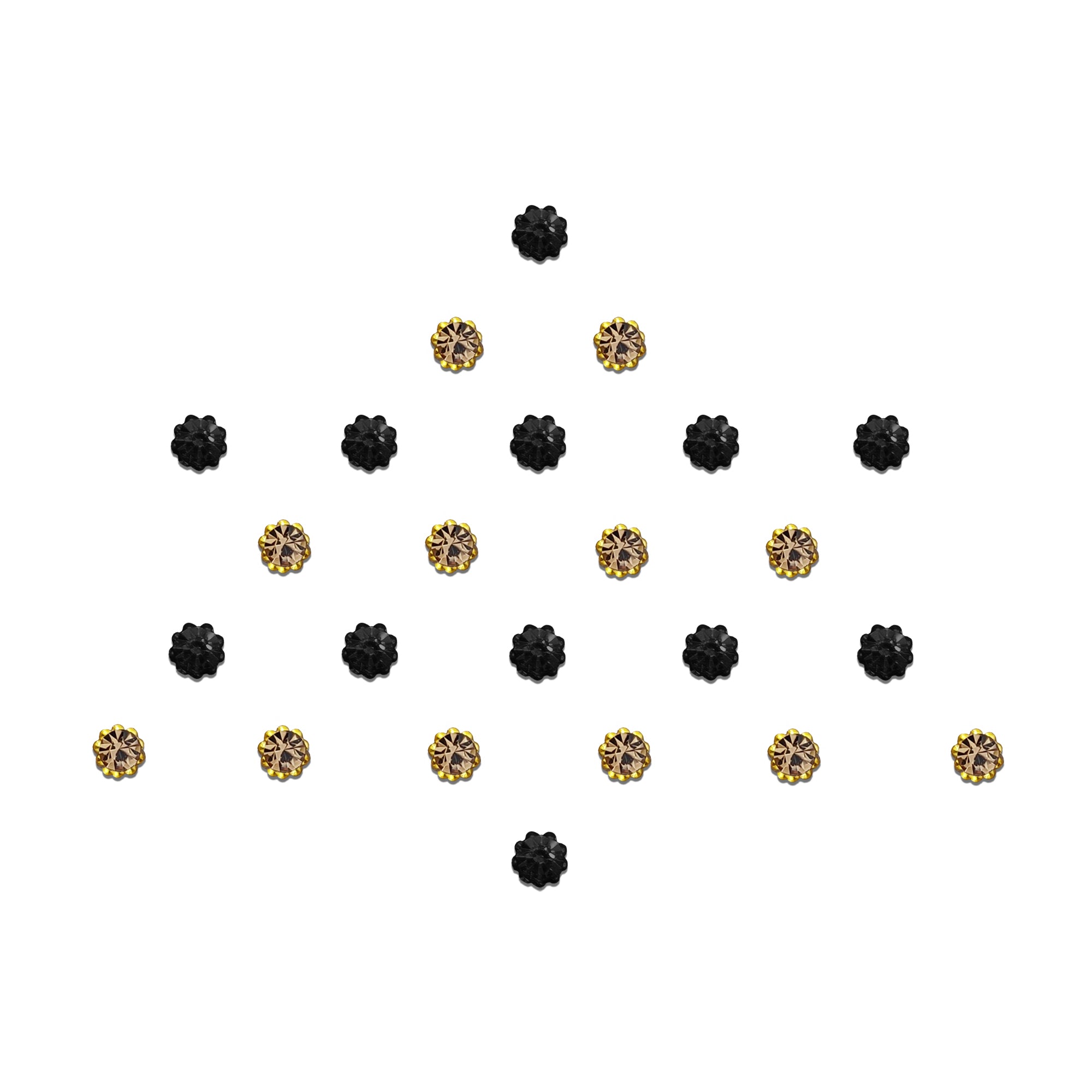 Comet Busters Black & Champagne Crystal Floral Bindi Set featuring reusable black crystal and champagne crystal flower-shaped bindis with elegant gold beaded rims. Premium self-adhesive forehead stickers for women and girls, ideal for weddings, festivals, parties, office wear, traditional outfits, and contemporary ethnic styling.