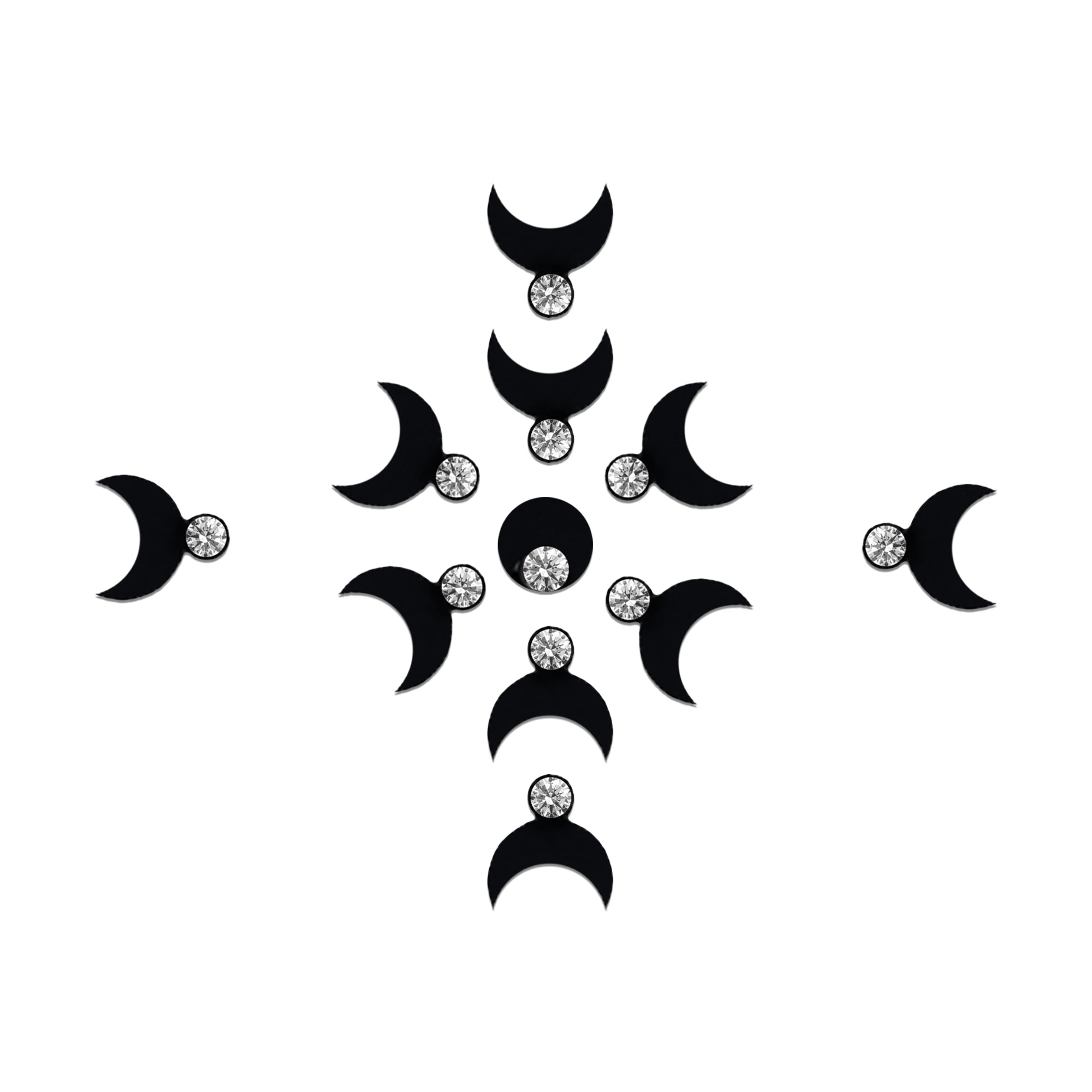 Comet Busters premium black crescent moon designer bindi set with sparkling crystal stones in celestial forehead art style.