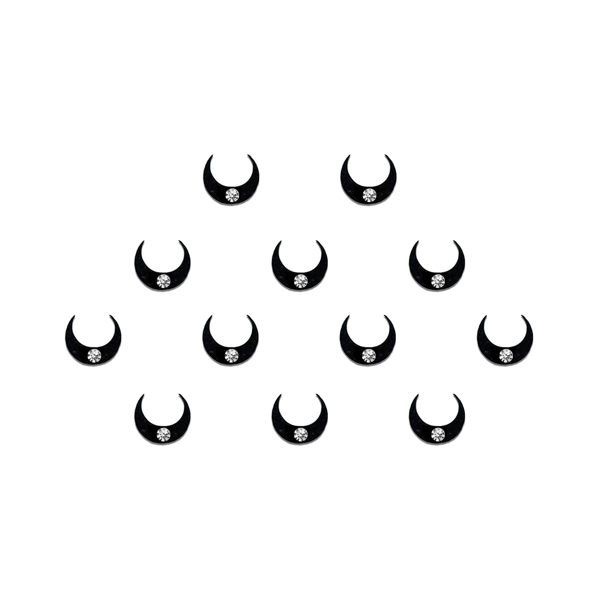 Comet Busters black crescent designer bindi sheet featuring 8 reusable self-adhesive plain crescent-shaped bindis with a sleek minimalist design. Elegant traditional bindis ideal for everyday wear, festive occasions, cultural events, classical dance performances, weddings, Navratri, Diwali, and ethnic outfits including sarees, lehengas, kurtis, and salwar suits.