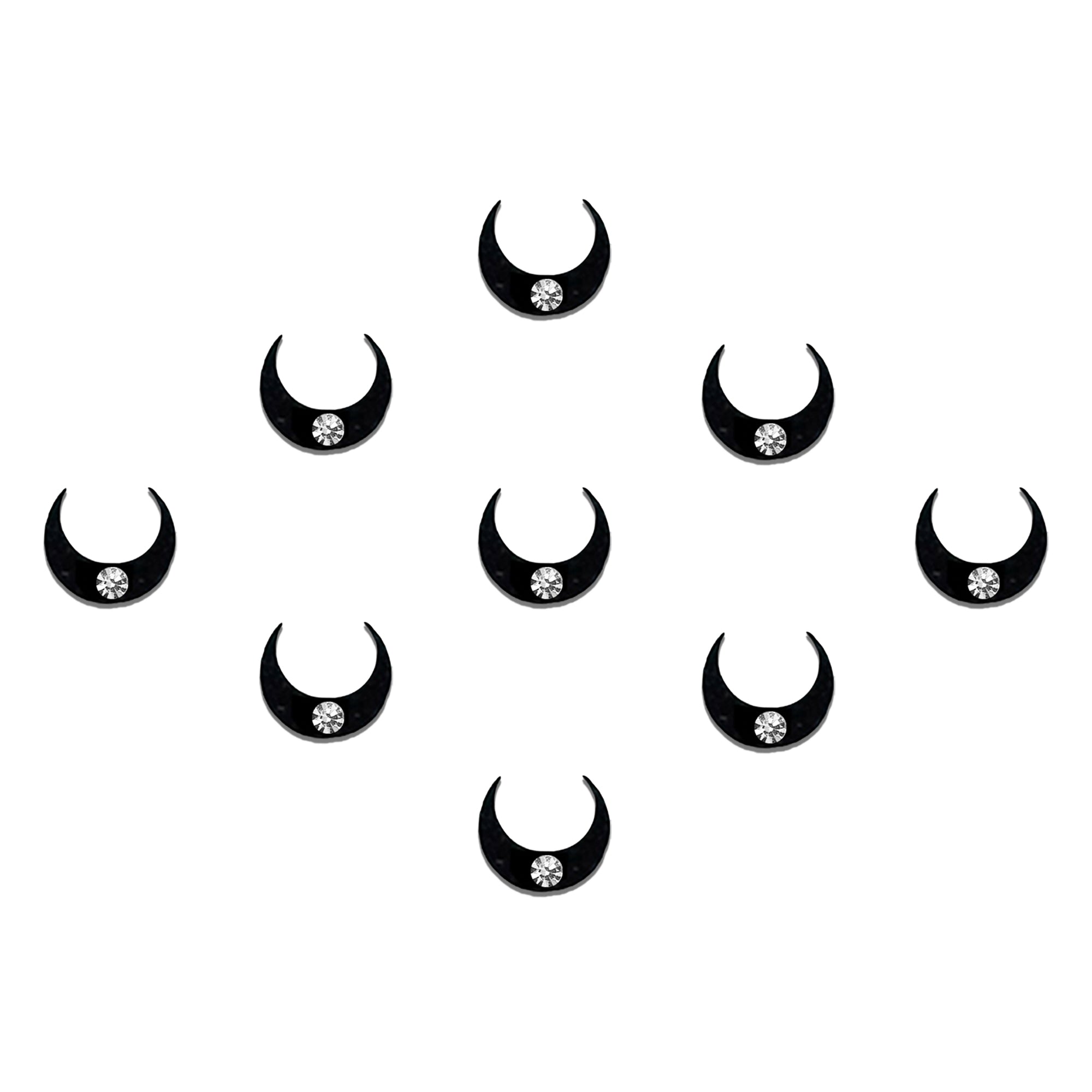 Comet Busters black crescent moon designer bindi sheet featuring elegant matte black crescent bindis. Reusable self-adhesive bindis for women and girls, ideal for traditional wear, festive occasions, Navratri, Diwali, Karwa Chauth, temple visits, cultural events, parties, sarees, lehengas, salwar suits, and contemporary ethnic styling.