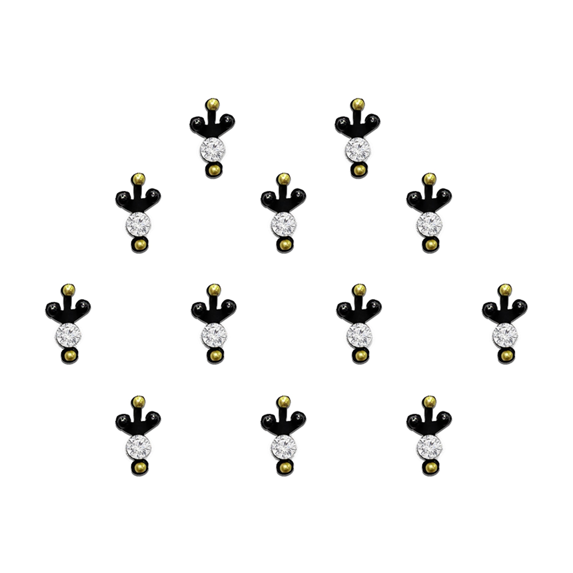 Comet Busters Royal Black Designer Bindis featuring a sparkling clear crystal stone with black and gold accents, elegant self-adhesive bindis for women and girls.