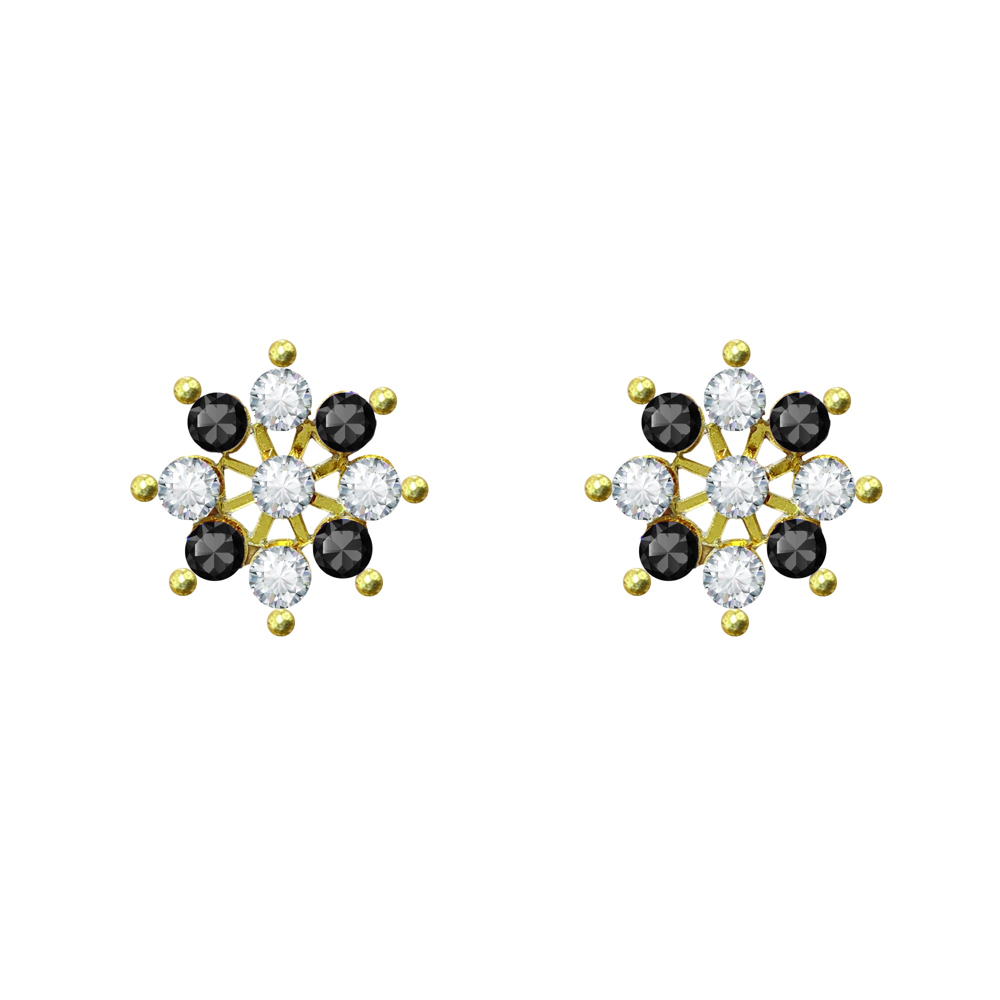 Comet Busters Black and Clear Crystal Floral Ear Stud with Golden Detailing and Sparkling Rhinestones for Women and Girls