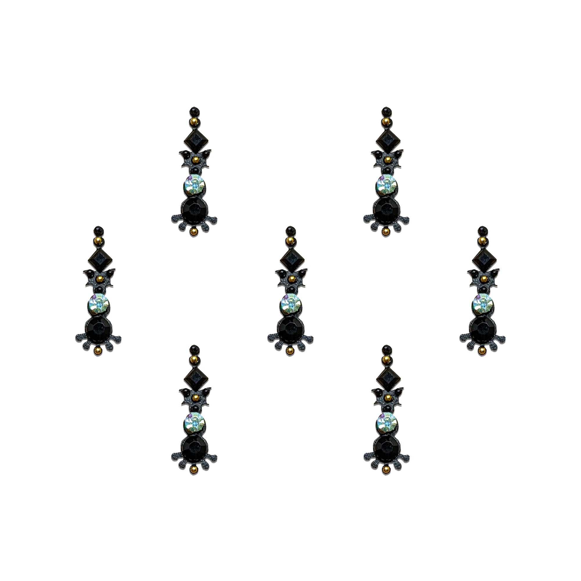 Comet Busters black flower designer bindis with crystal stone center and floral pattern.