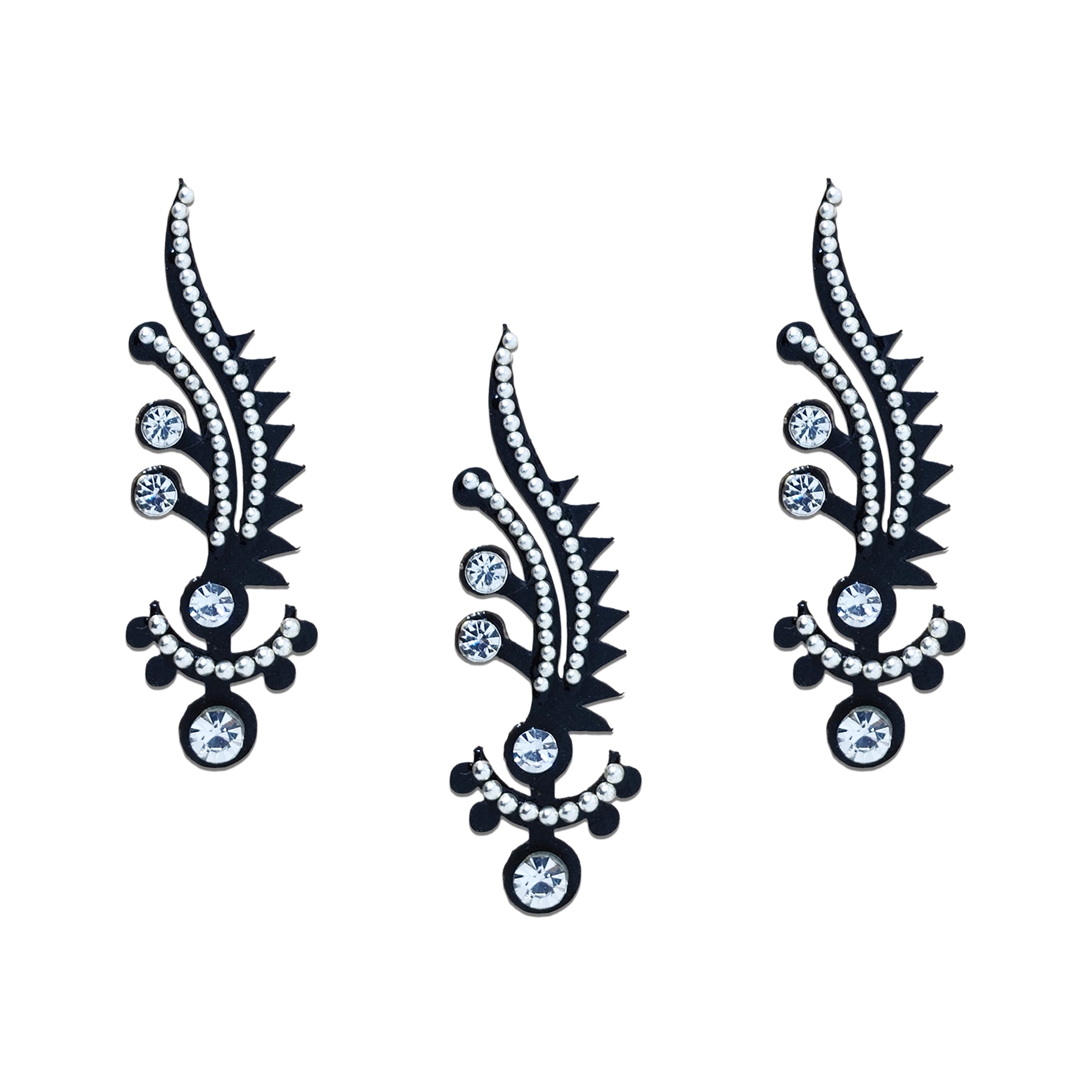 Comet Busters black designer bindi featuring an elegant leaf-inspired silhouette adorned with sparkling white crystals and pearl detailing. Reusable self-adhesive bindi for women and girls, perfect for weddings, parties, festive occasions, traditional ceremonies, sarees, lehengas, kurtis, and ethnic Indian wear.