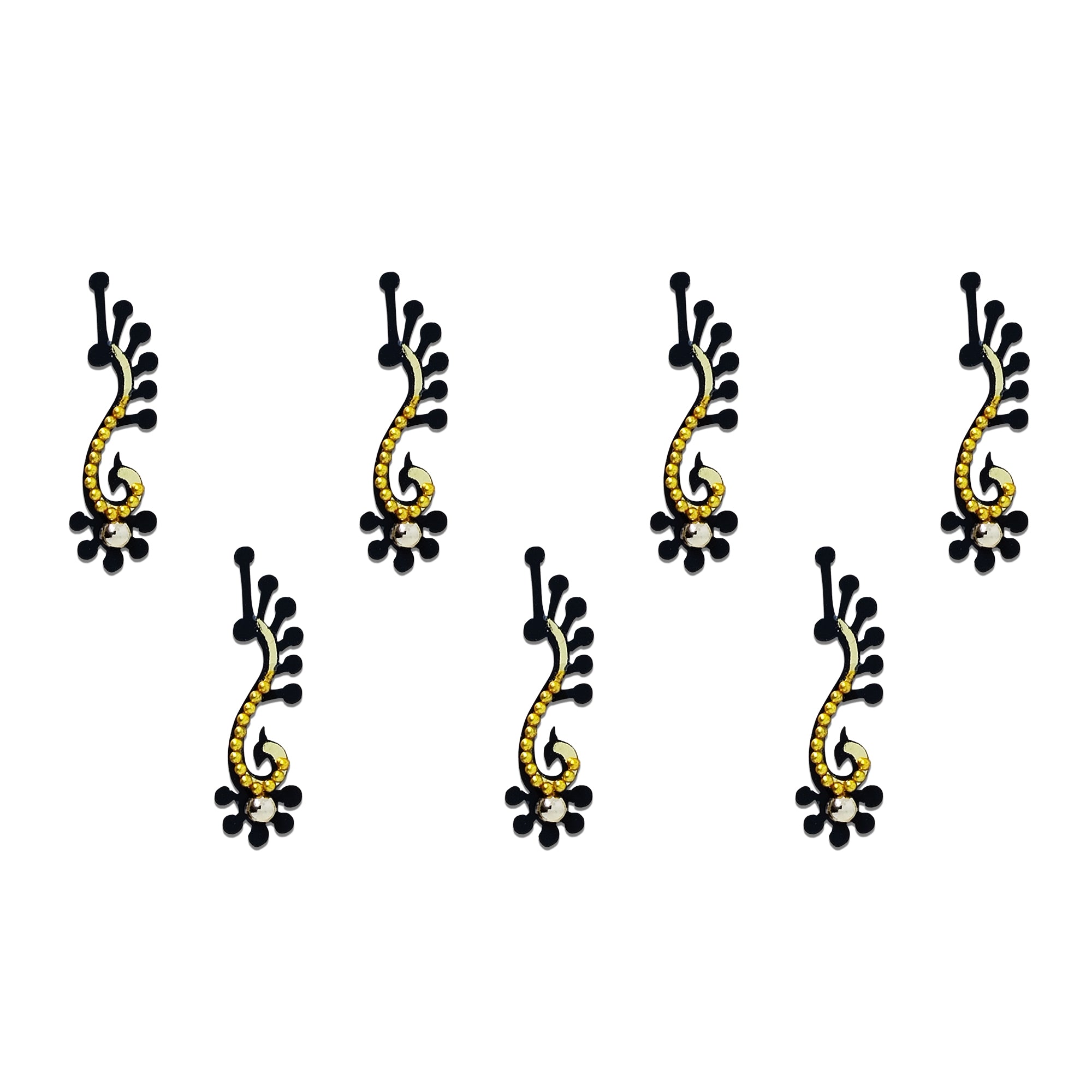 Comet Busters black curved floral designer bindi sheet featuring 6 elegant swirl-shaped bindis with gold bead detailing, white crystal accents, and floral motifs, reusable forehead bindis for women and girls, perfect for weddings, festivals, parties, and traditional ethnic styling.