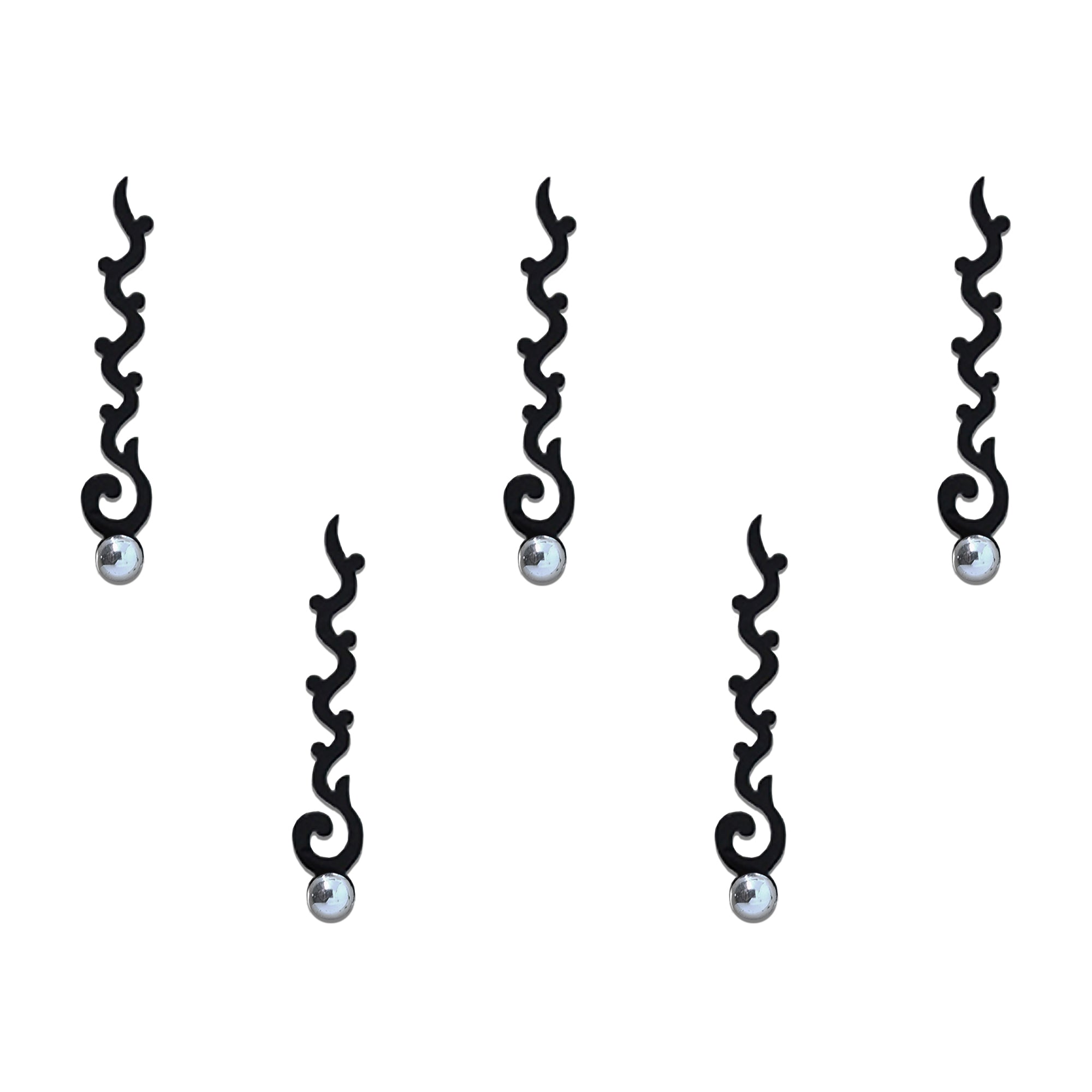 Comet Busters black curved vine designer bindi sheet featuring 5 reusable self-adhesive bindis with an elegant flowing scroll pattern and silver crystal accent. Stylish ethnic forehead bindis for women and girls, perfect for festivals, weddings, parties, traditional wear, and contemporary fashion.