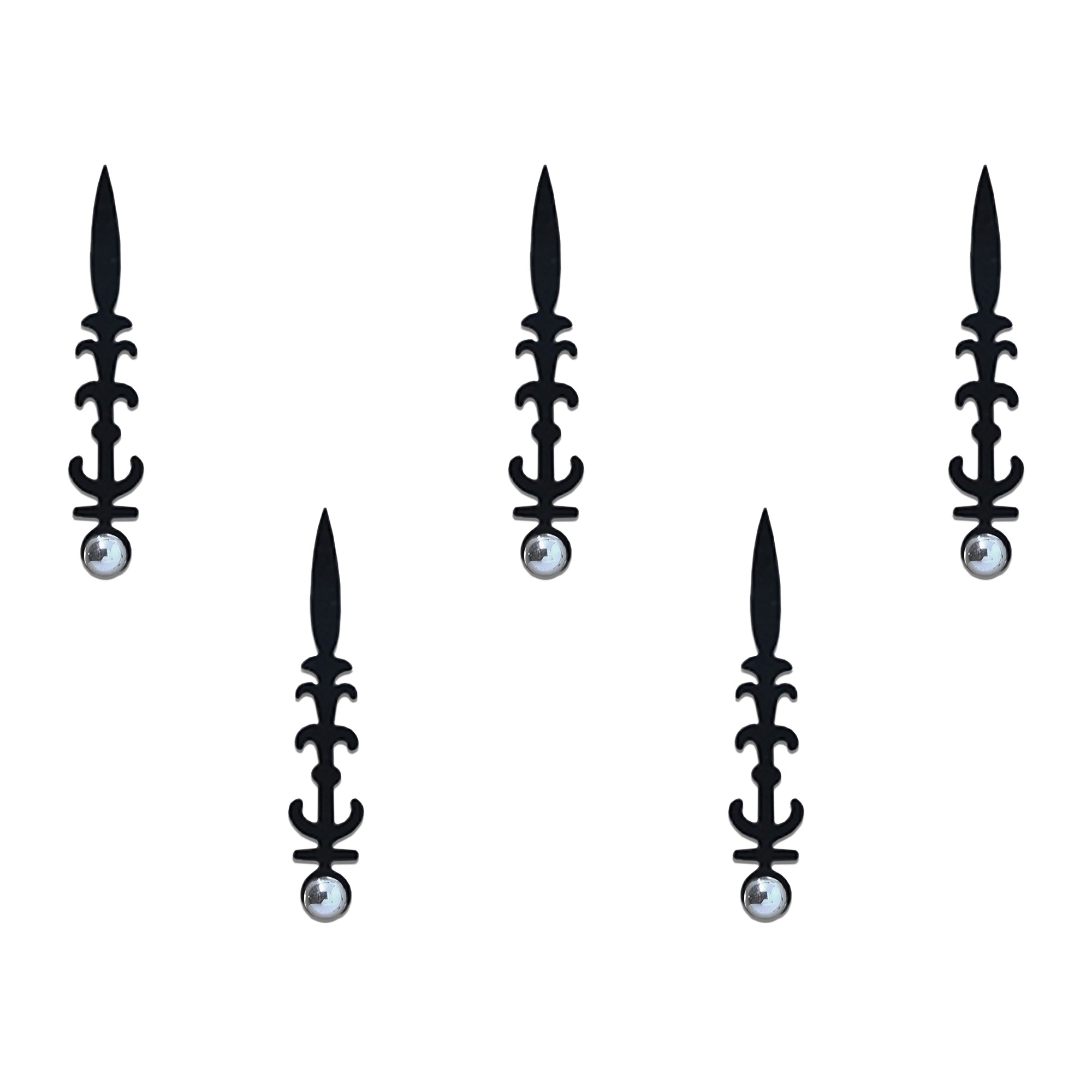 Comet Busters black spear designer bindi sheet featuring 5 elongated spear-shaped bindis with a silver stone accent. Reusable self-adhesive designer bindis for women and girls, ideal for festive wear, ethnic outfits, weddings, cultural events, parties, and everyday traditional styling.