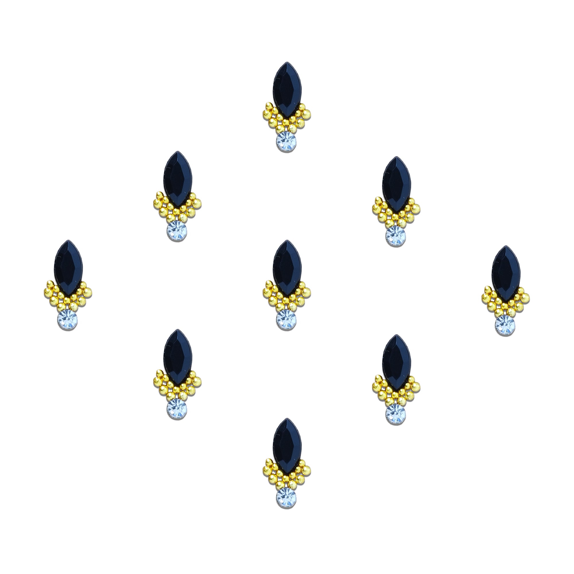 Comet Busters Black Marquise Crystal Designer Stick-On Bindi featuring a faceted black navette stone, gold bead embellishments, and a sparkling white crystal drop, reusable self-adhesive bindi for women and girls