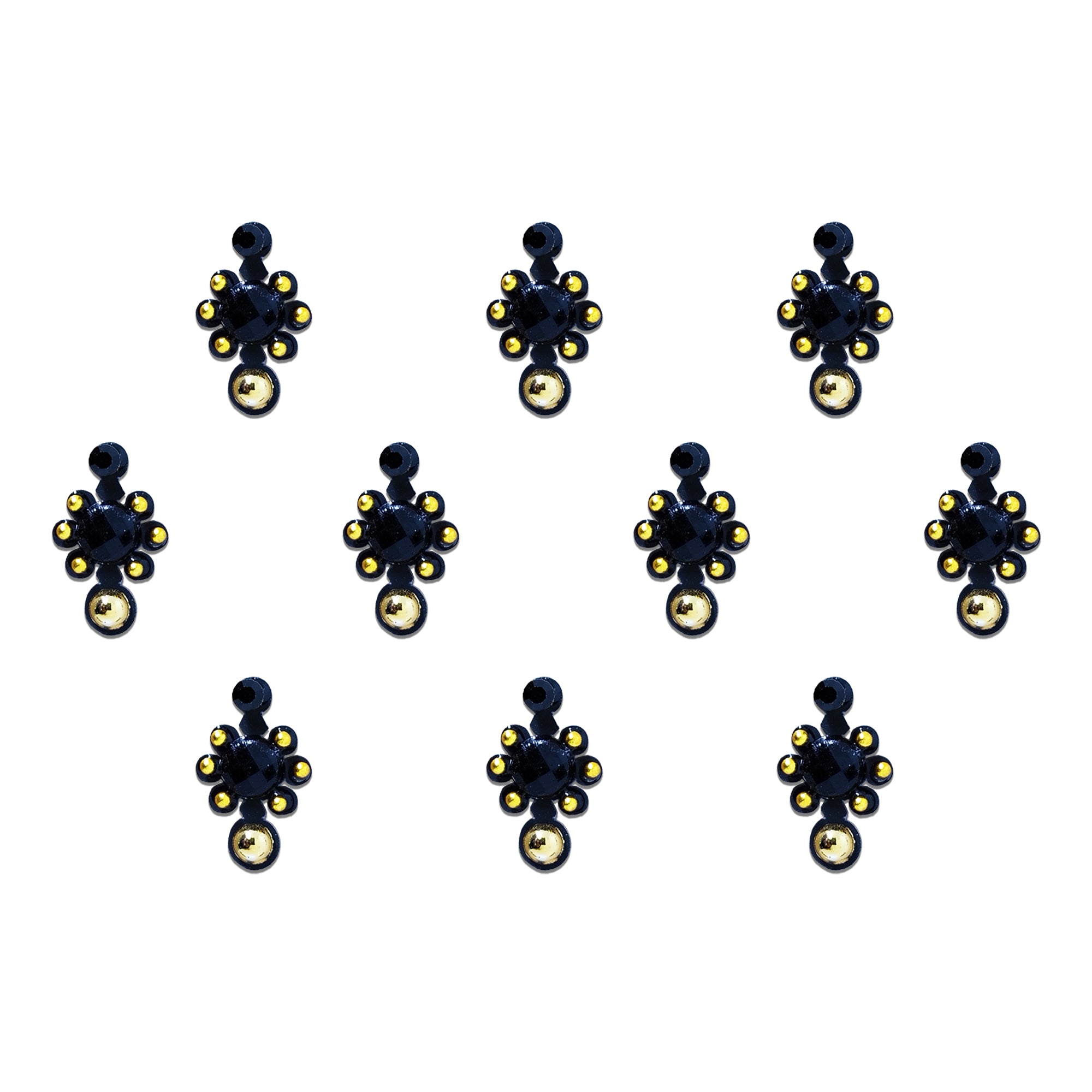 Comet Busters black round designer bindi sheet featuring 10 elegant bindis with black crystal center stones, gold bead accents, and pearl detailing, reusable forehead bindis for women and girls, ideal for ethnic wear, festive occasions, weddings, and parties.