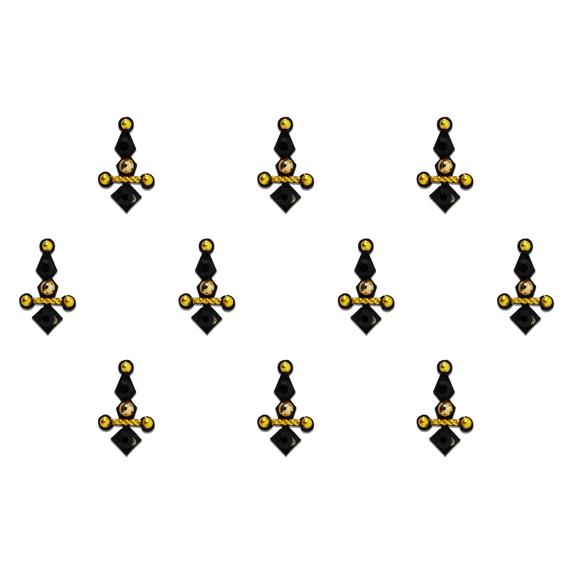 Comet Busters black geometric designer bindi sheet featuring elegant bindis with black diamond-shaped stones, gold bead accents, and a modern traditional design, reusable forehead bindis for women and girls, perfect for festive occasions, weddings, parties, and ethnic wear.