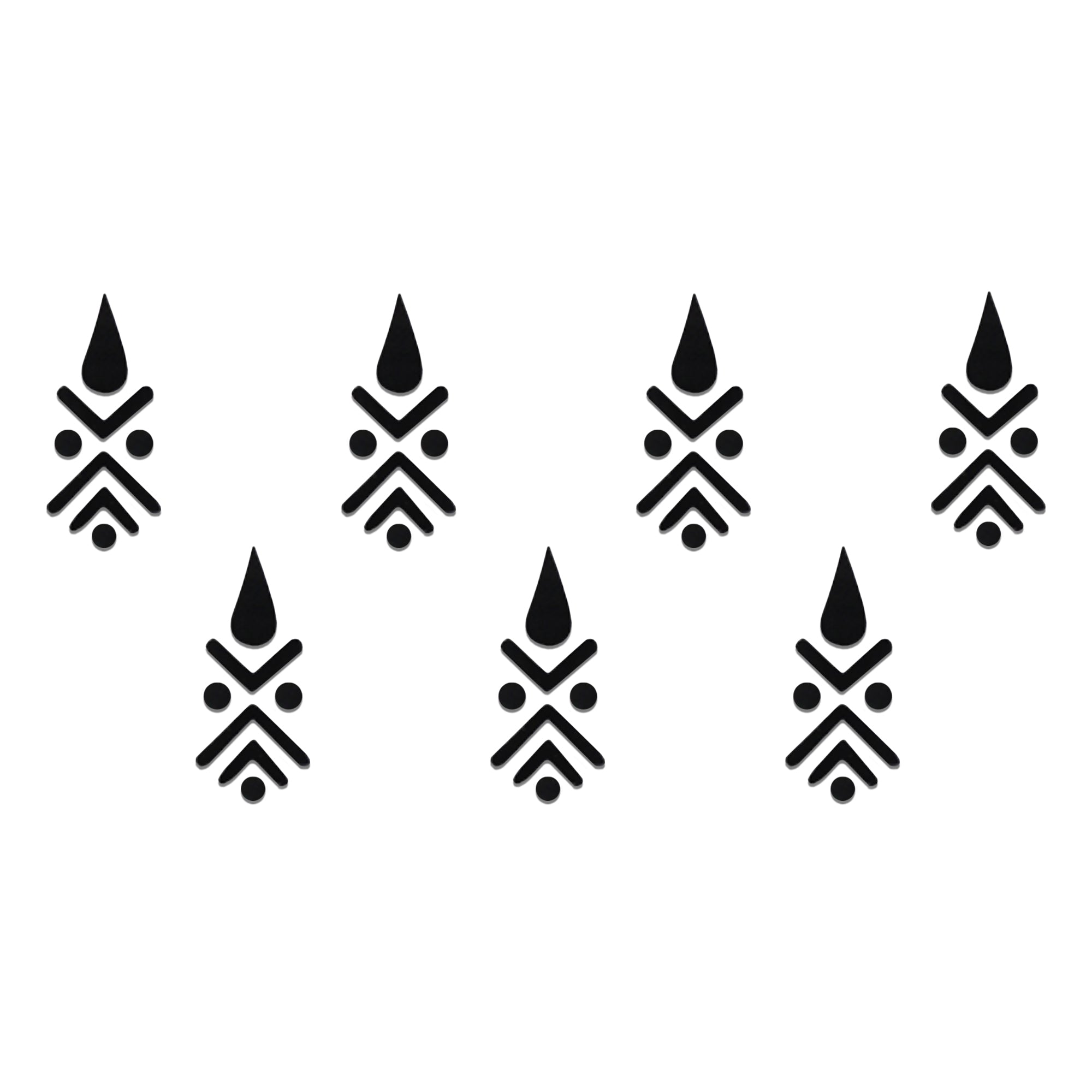 Comet Busters black tribal arrow designer bindi sheet featuring 7 reusable self-adhesive bindis with a teardrop top, geometric arrow accents, and minimalist ethnic pattern. Stylish forehead bindis for women and girls, perfect for festivals, weddings, cultural events, parties, traditional wear, and contemporary fashion.