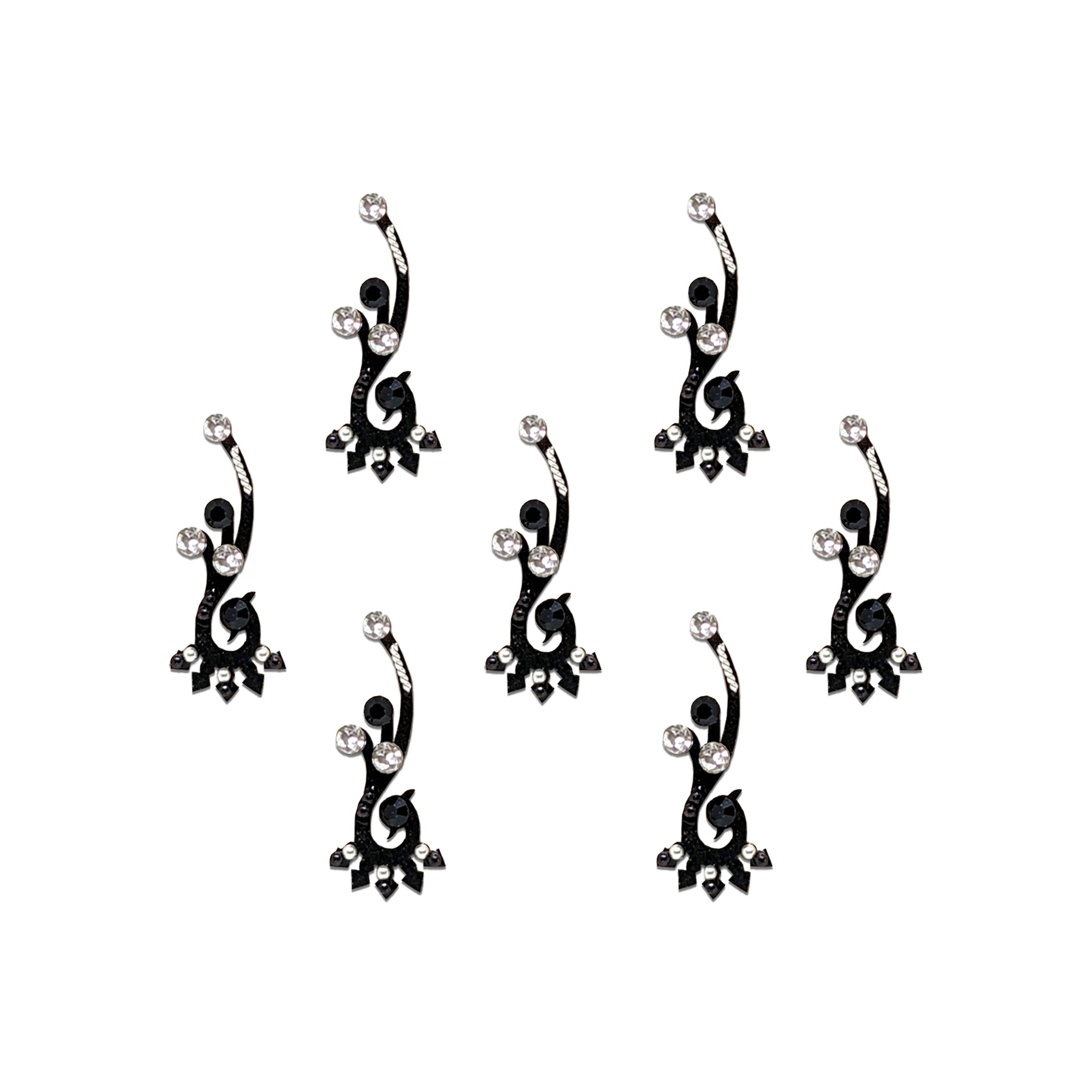 Comet Busters black crystal designer bindis with aurora stones and elegant geometric floral pattern.