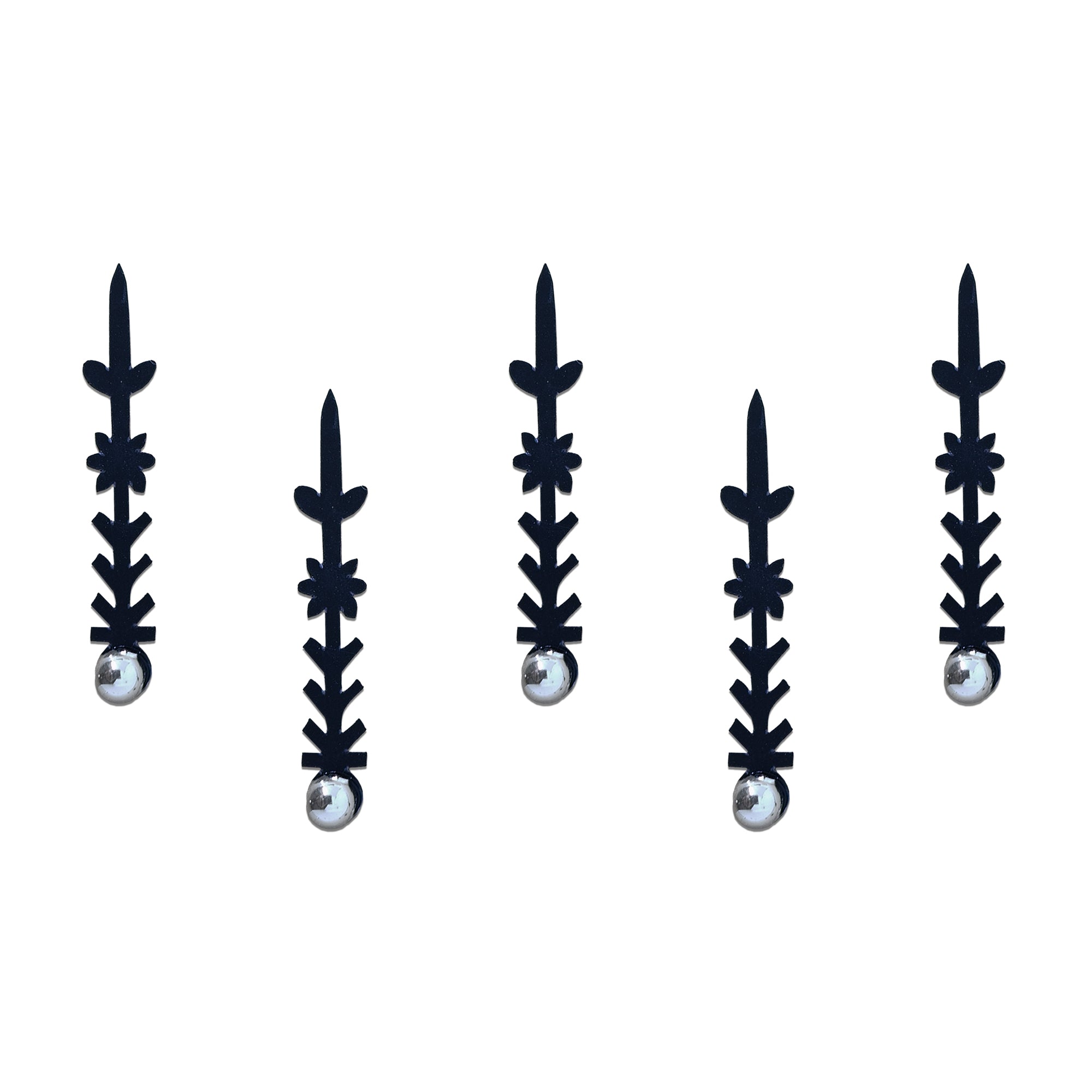 Comet Busters black floral arrow designer bindi with silver stone featuring a stylish vertical forehead design for women and girls.
